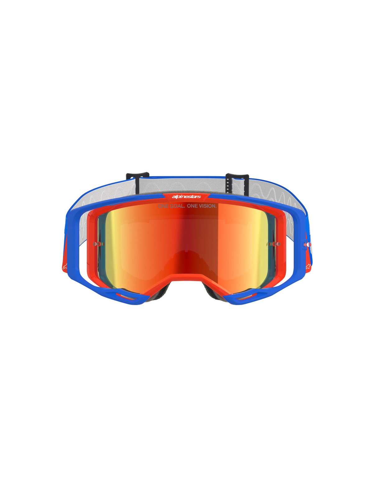 Masque Alpinestars Vision 8 Wordmark, masque de motocross, bleu et orange avec écran miroir rouge, doté d'un large champ de vision et d'une monture A-FLEX haute performance pour la course tout-terrain.