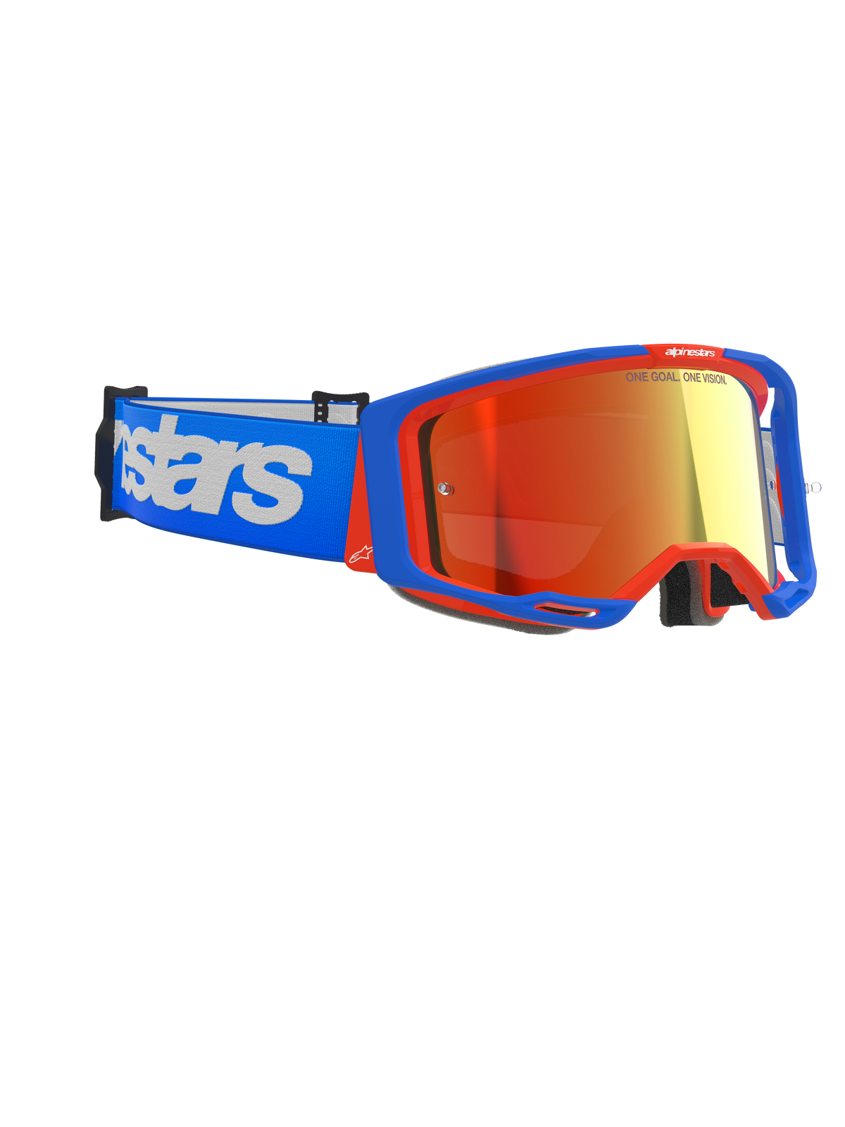 Masque Alpinestars Vision 8 Wordmark, masque de motocross, monture bleue et orange avec écran miroir rouge, bandeau bleu avec grand marquage Alpinestars blanc, lunettes de protection haute performance pour la course tout-terrain
