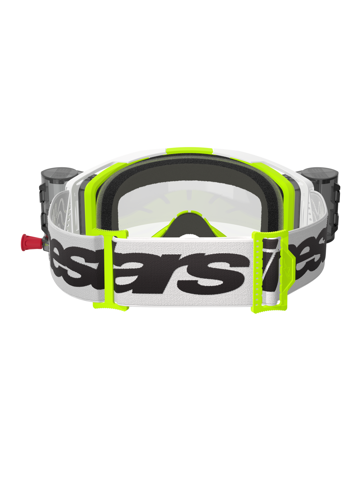Alpinestars Vision 8 Wordmark Goggles Roll Off, masque de motocross, blanc et jaune fluorescent, vue arrière montrant la sangle blanche avec logo noir, boucles jaune fluo, mousse faciale moulée en 3D noire et boîtiers du système roll-off intégrés