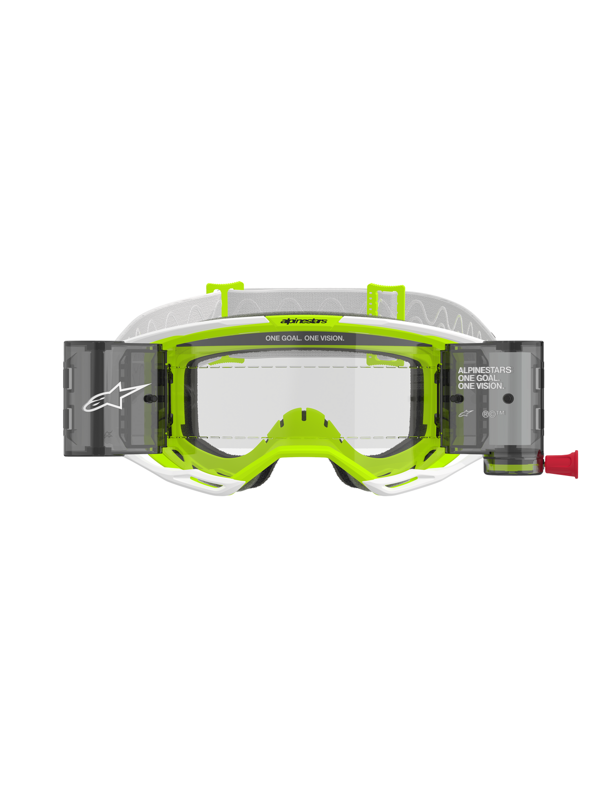 Masque Alpinestars Vision 8 Wordmark Roll Off, monture blanche et jaune fluorescent, écran clair avec boîtiers de système roll-off intégrés, bandeau tissé blanc, avec marquage « ONE GOAL. ONE VISION. », protection oculaire professionnelle pour le motocross