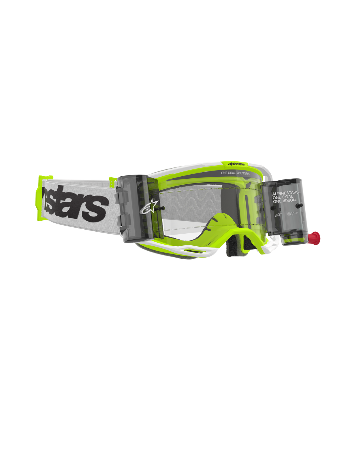 Alpinestars Vision 8 Wordmark Goggles Roll Off, masque de motocross, monture blanche et jaune fluo, écran clair avec boîtiers roll-off intégrés, sangle tissée blanche avec marquage noir imposant, équipement de protection oculaire haute performance pour le tout-terrain.
