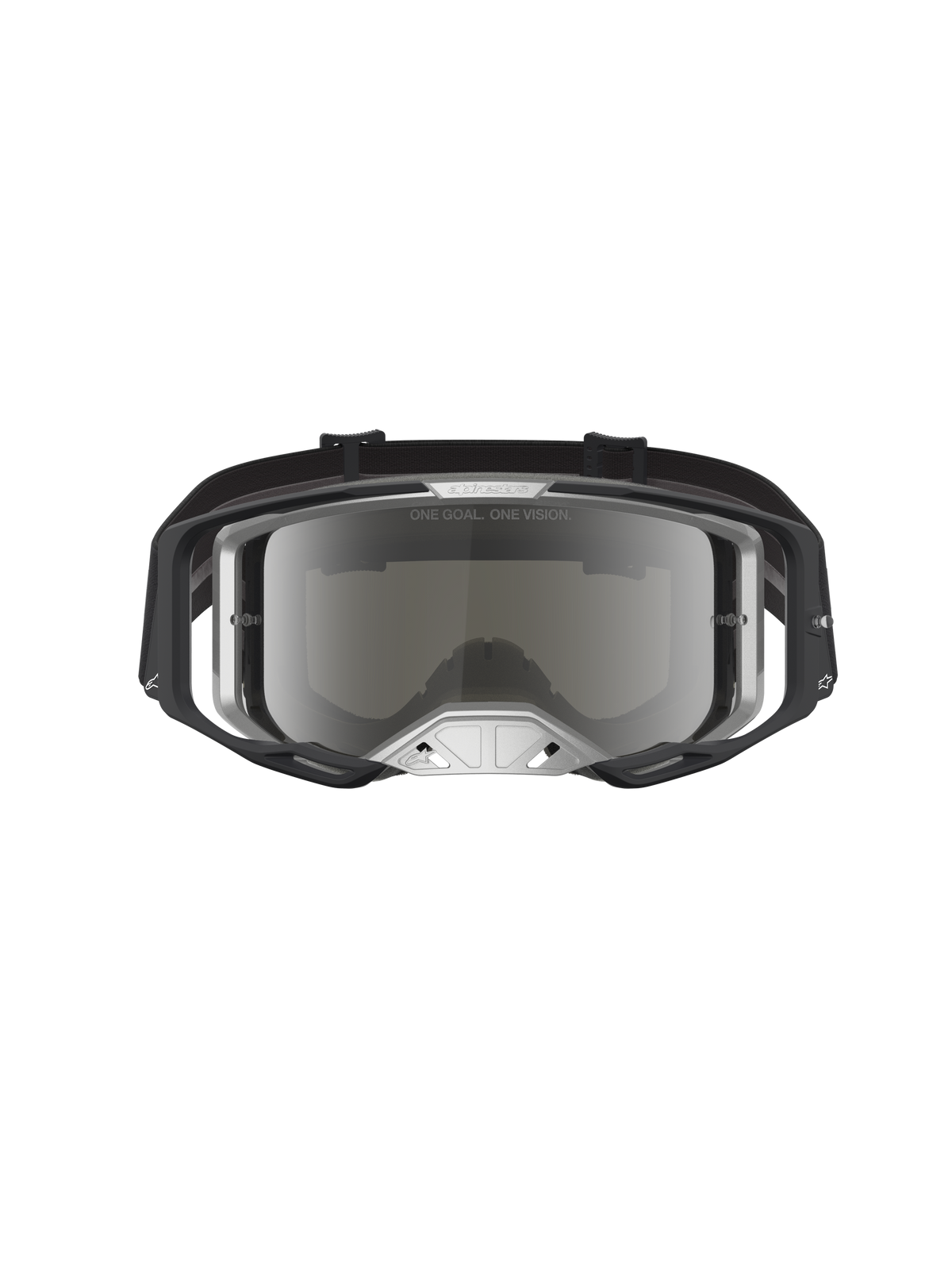 Masque de motocross Alpinestars Vision 8 Amber Mirror, noir et argenté, avec lentille miroir et monture A-FLEX.
