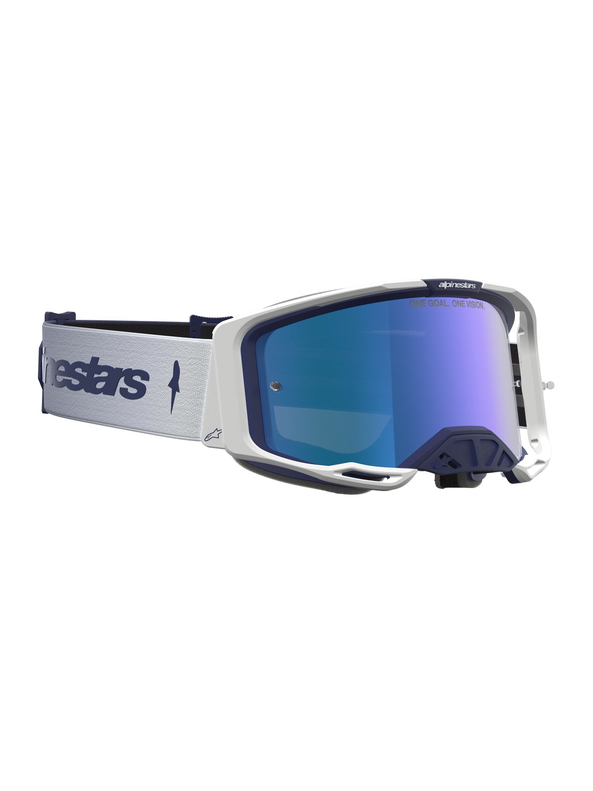 Masque Alpinestars Vision 8 Amber Miroir, bleu marine et blanc, lentille miroir bleue et ventilation RAM-AIR pour motocross.