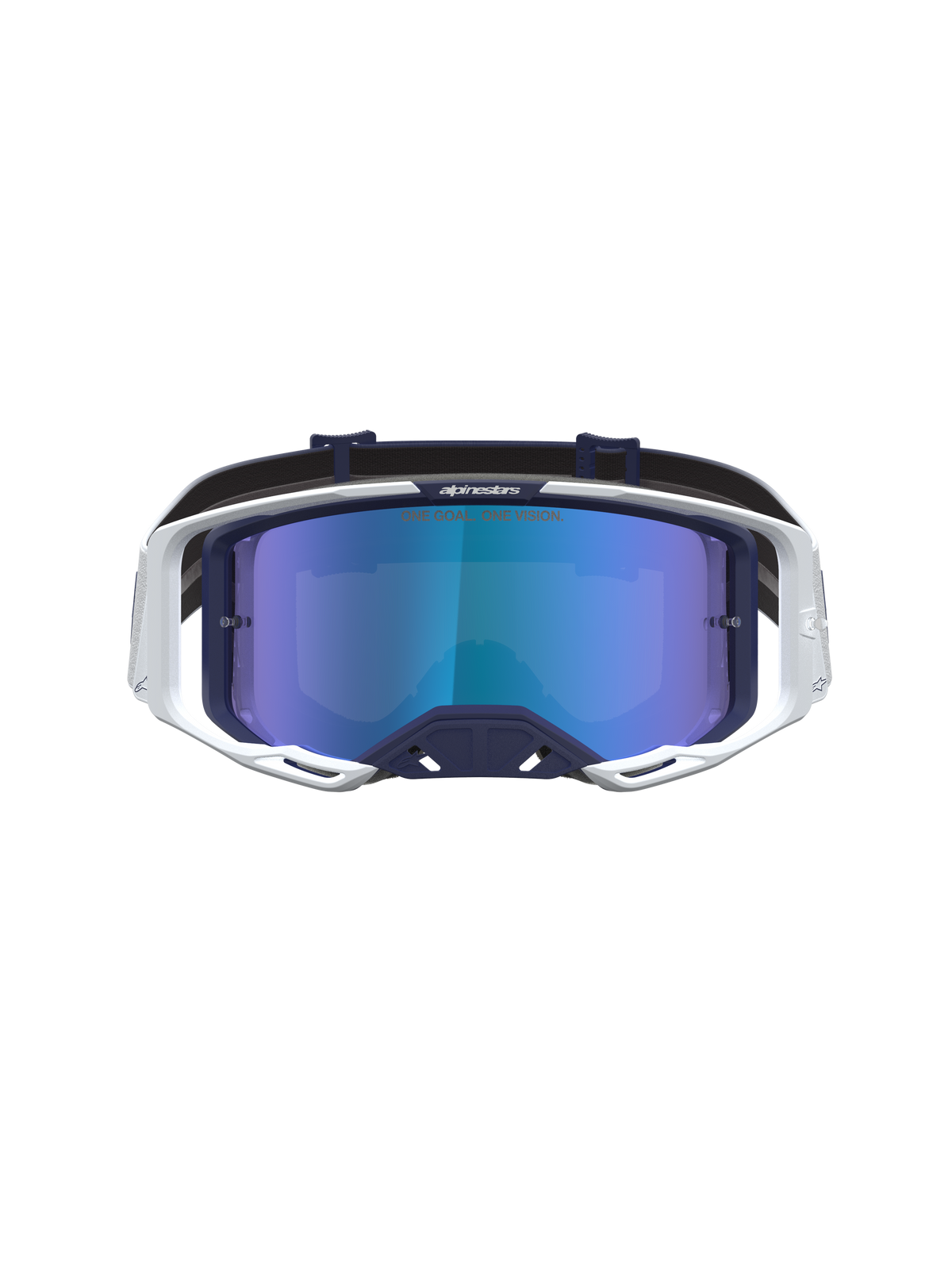 Alpinestars Vision 8 Amber, masque de motocross tout-terrain, monture bleu marine et blanche, lentille miroir bleue anti-buée et système de ventilation RAM-AIR