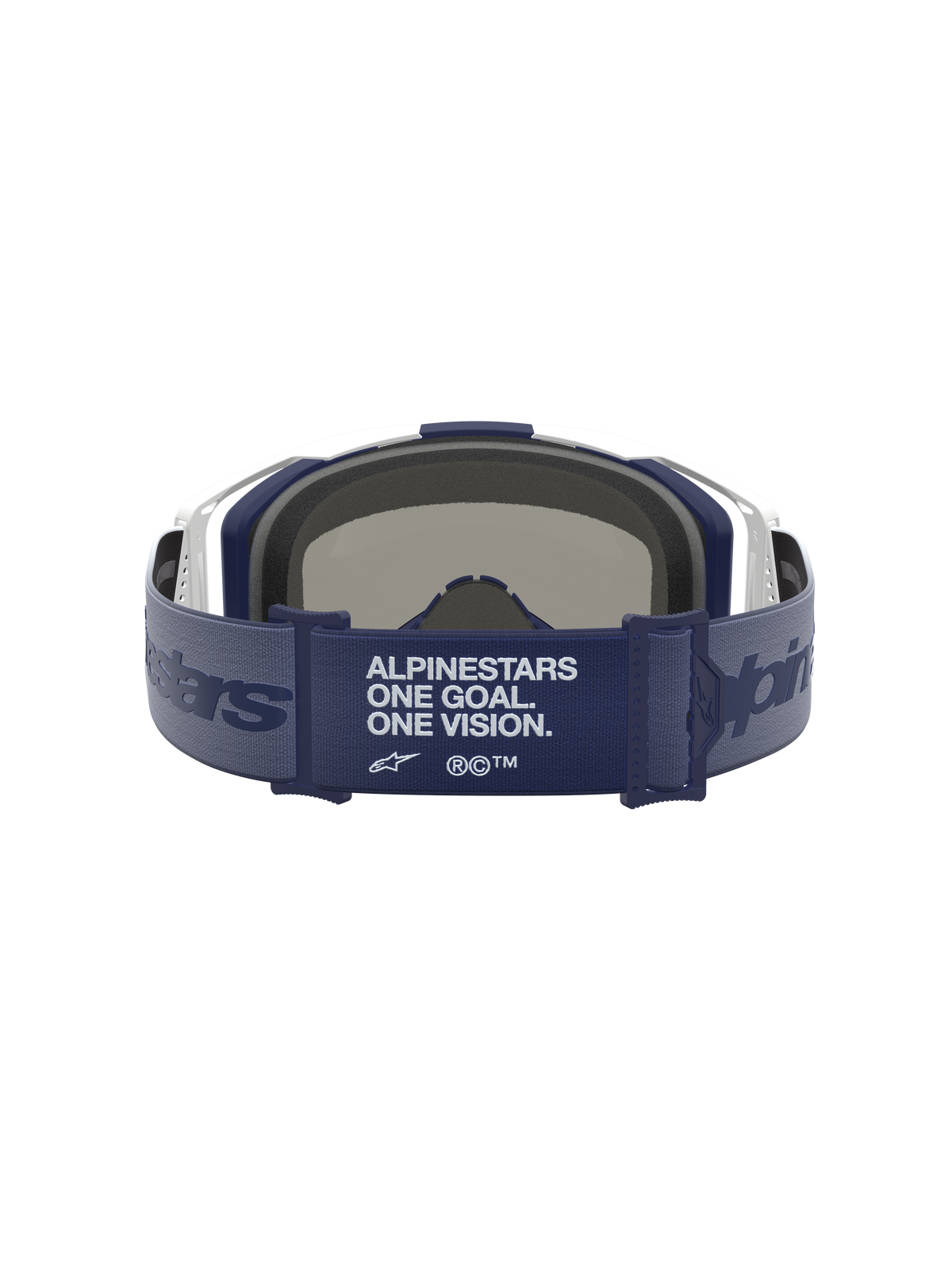 Masque Alpinestars Vision 8 Amber Miroir, vue arrière avec sangle bleu marine à slogan, cadre blanc et mousse faciale 3D.