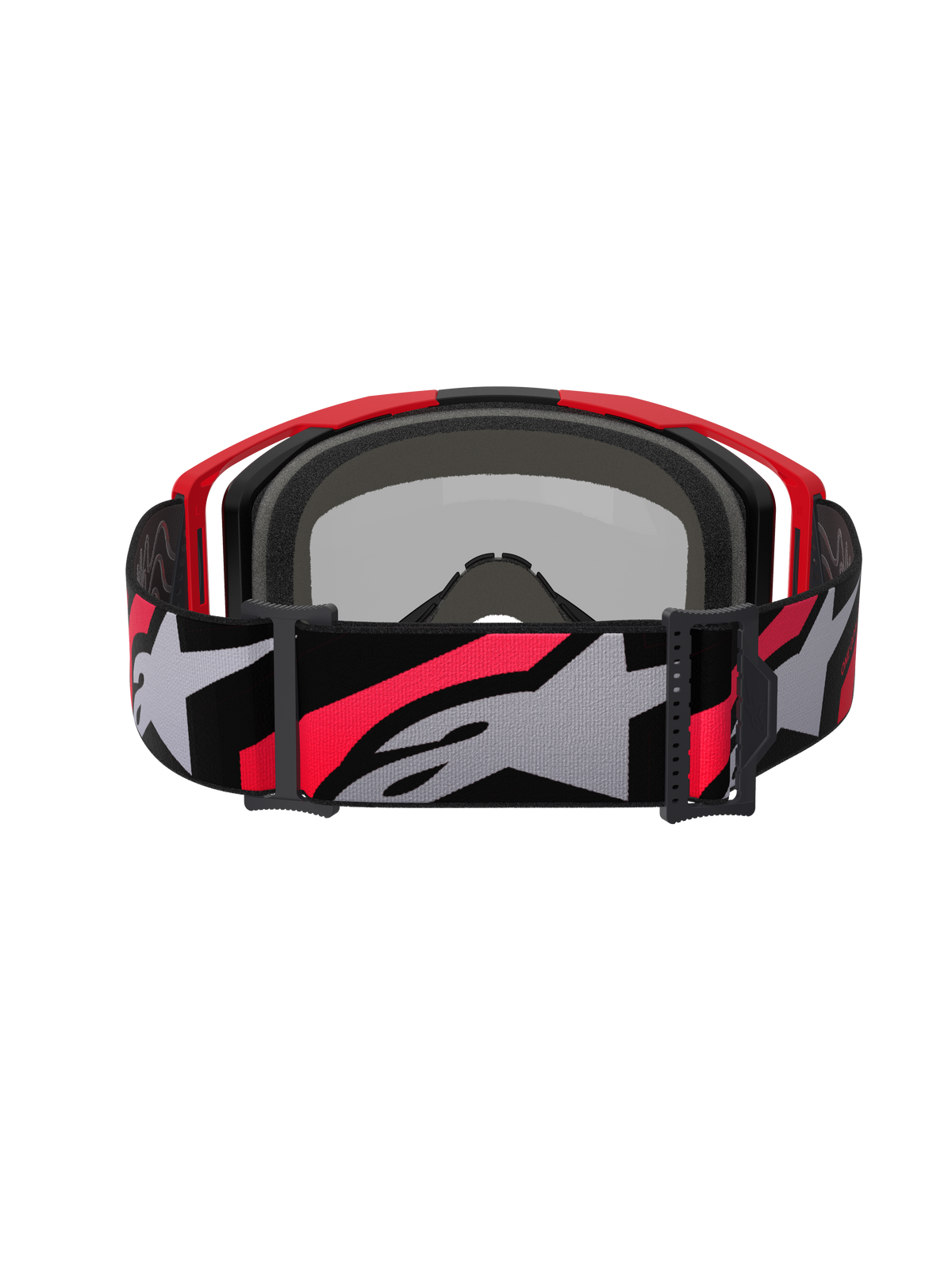 Alpinestars Vision 8 Luar Goggles, Motocross Goggles, Red Black and Mirror Silver, wide woven strap with bold grey and red Alpinestars logo, rear view showing black face foam and red frame, high-performance protective eyewear