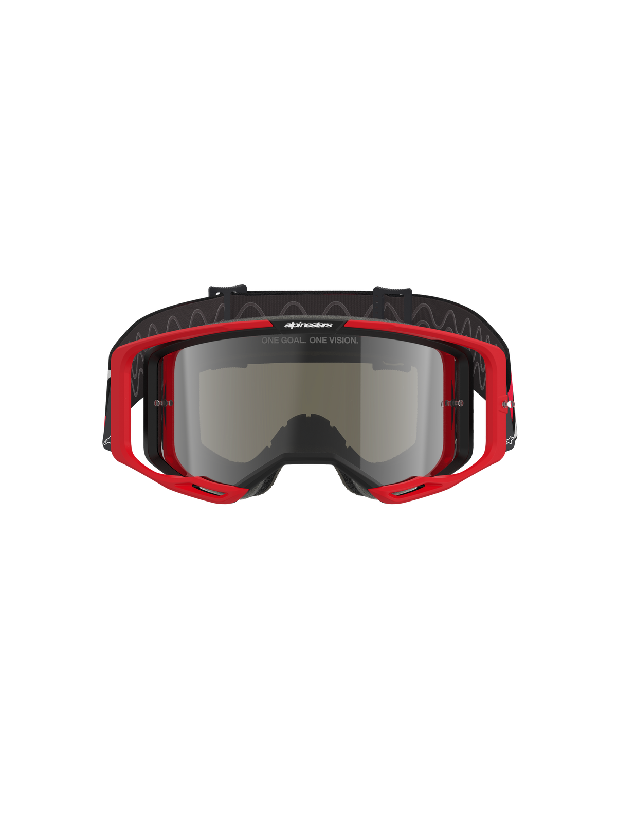 Masque Alpinestars Vision 8 Luar, masque de motocross, monture rouge et noire avec écran miroir argenté, design haute performance avec large champ de vision, marquage distinctif sur le bandeau et la monture, adapté pour la course tout-terrain et le motocross