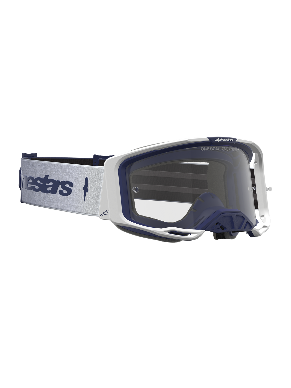 Alpinestars Vision 8 Amber Goggles in white and navy blue, featuring a clear lens and A-FLEX frame for motocross racing.