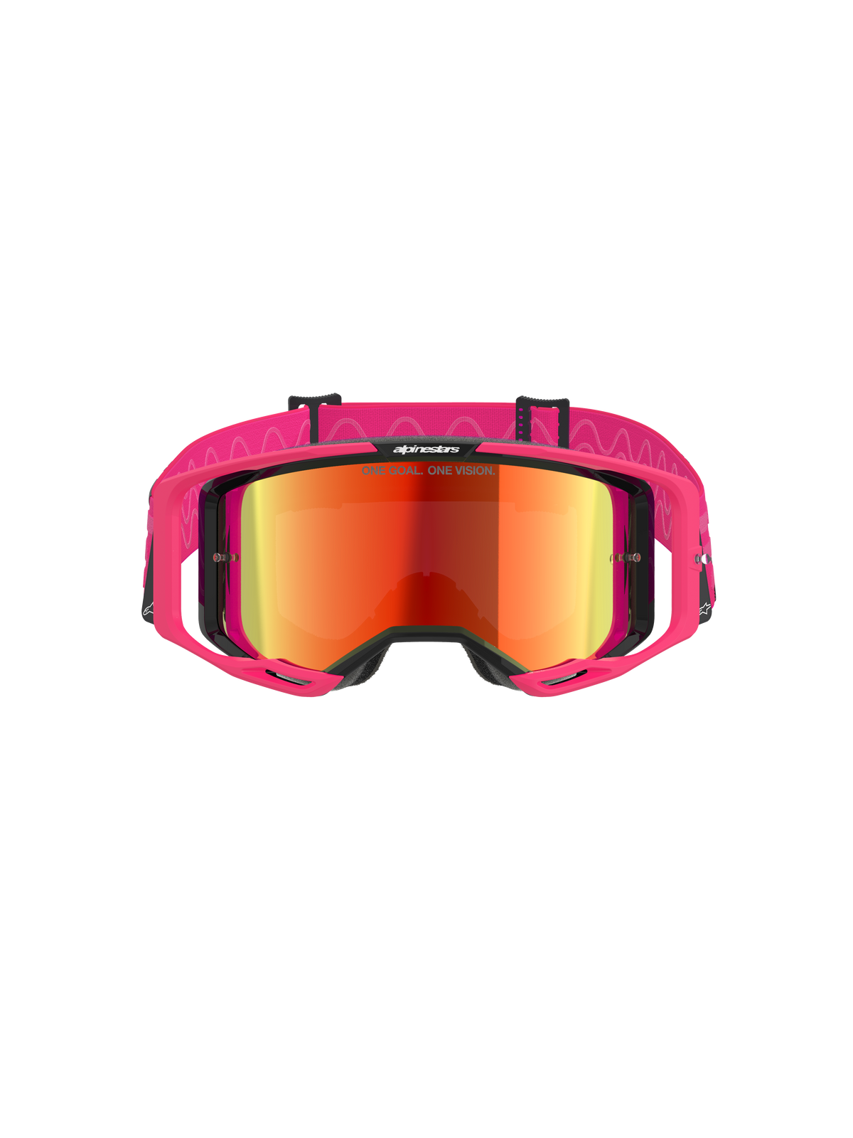 Alpinestars Vision 8 Corp Goggles, masque de motocross, monture rose avec écran rouge miroir, large bandeau rose avec motif silicone ondulé, cadre A-FLEX avec stabilisateurs, équipement de protection tout-terrain haute performance