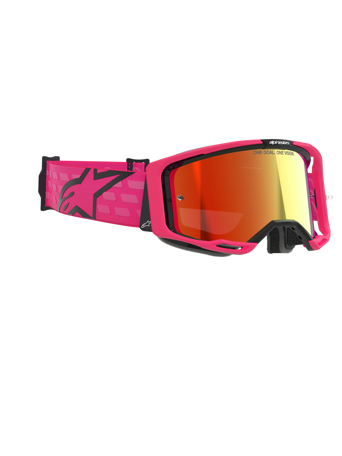 Alpinestars Vision 8 Corp Goggles, Motocross Goggles, Pink and Mirror Red, featuring a bright pink frame and wide strap with a black Alpinestars logo, red mirrored anti-fog lens, high-performance eyewear for off-road racing