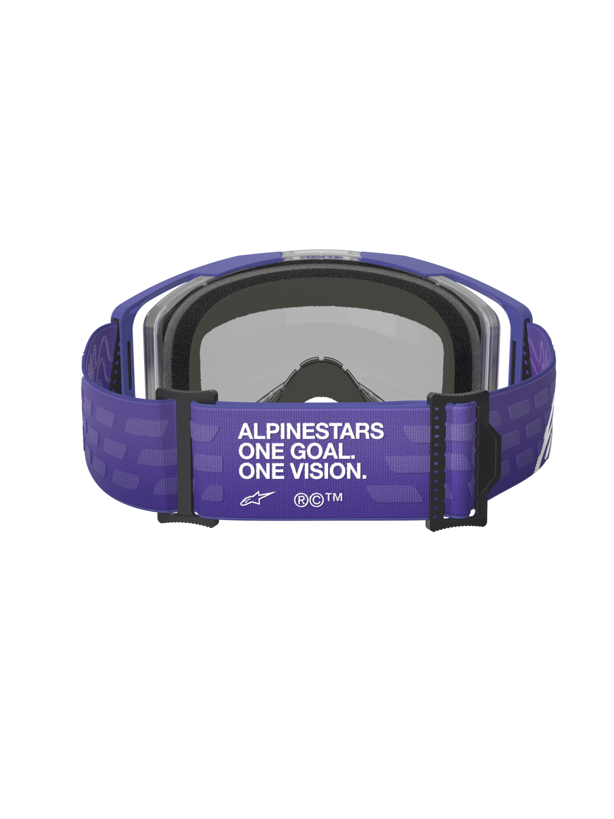 Alpinestars Vision 8 Corp Goggles, Purple, rear view featuring wide purple strap with white 'ALPINESTARS ONE GOAL. ONE VISION.' text, black hardware, and gray face foam, motocross racing eyewear
