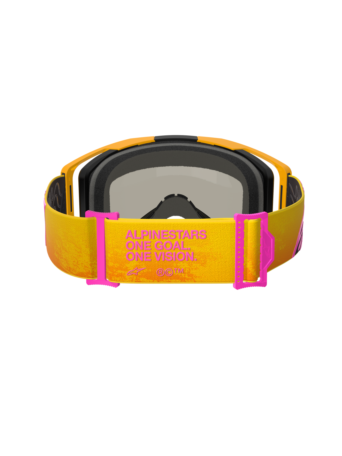 Alpinestars Vision 8 Corp Goggles, Motocross Goggles, Orange and Yellow with Pink accents, rear view showing the strap with 'ALPINESTARS ONE GOAL. ONE VISION.' text, pink strap adjusters, orange frame with black foam padding