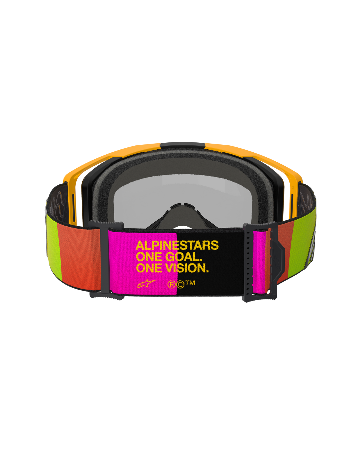Alpinestars Vision 8 Corp Goggles, Motocross Goggles, Yellow and Pink, rear view featuring adjustable strap with "ALPINESTARS ONE GOAL. ONE VISION." slogan, vibrant lime and orange accents, yellow frame with grey face foam.