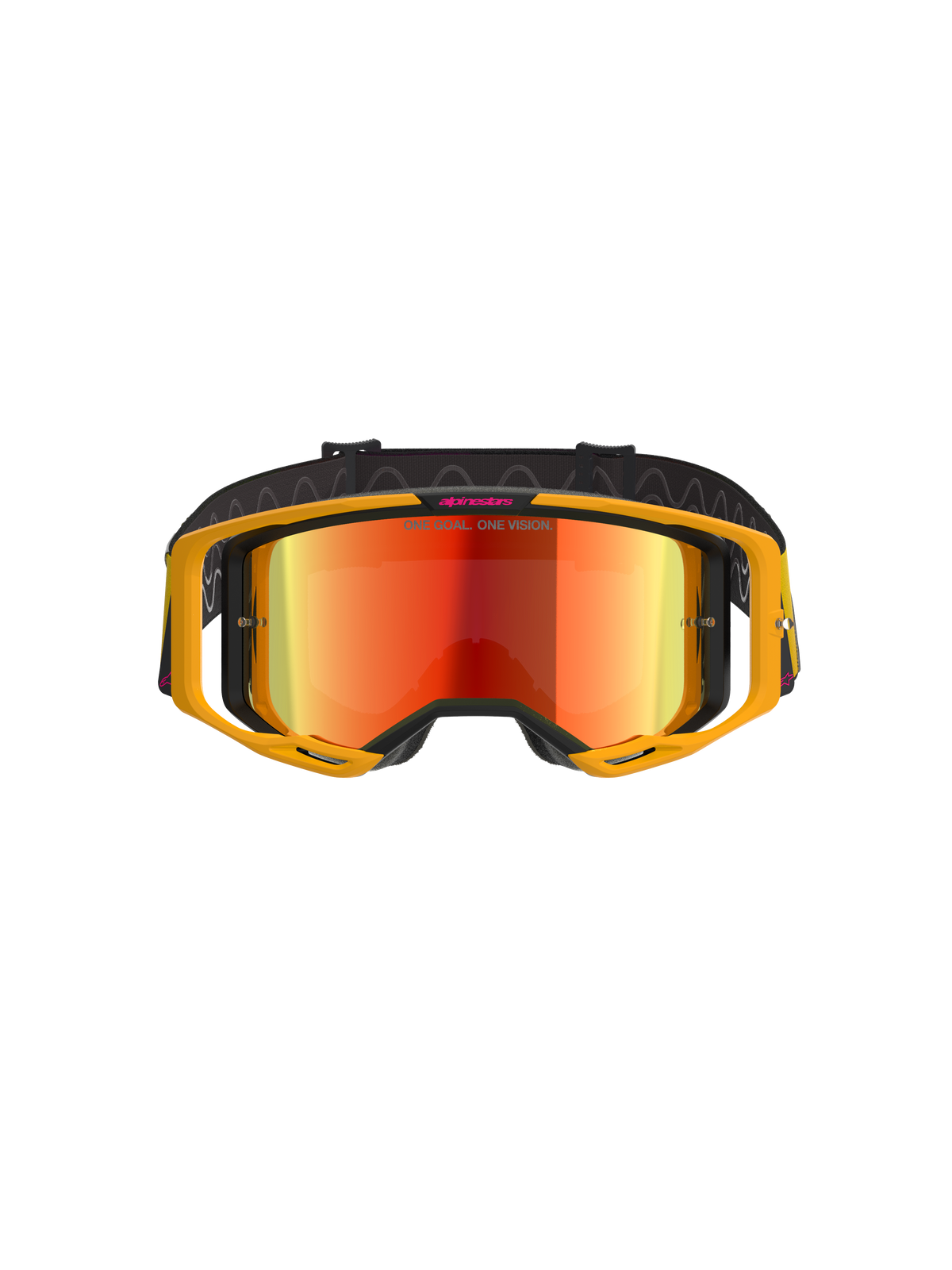 Alpinestars Vision 8 Corp Goggles, Motocross Goggles, Yellow and Pink with Mirror Red Lens, featuring a bright yellow A-FLEX frame, red reflective lens, and a black strap with pink Alpinestars branding and 'ONE GOAL. ONE VISION.' text, professional off-road racing eye protection