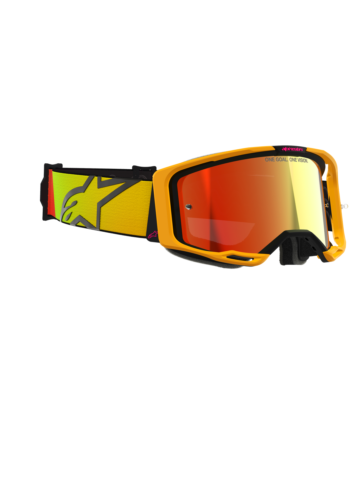 Alpinestars Vision 8 Corp Goggles, Motocross Goggles, Yellow and Pink with Mirror Red lens, wide woven strap featuring yellow and pink gradient with large star logo, lightweight A-FLEX frame with black outriggers, performance eyewear for off-road racing.