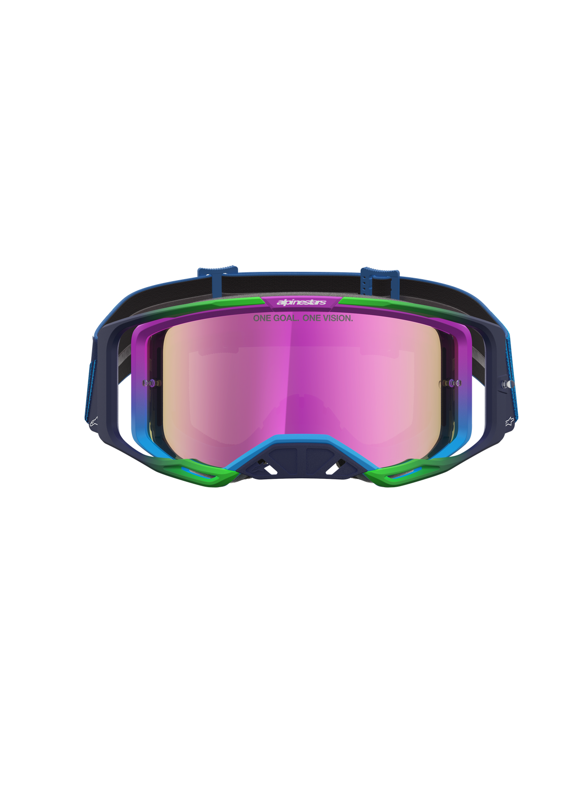 Alpinestars Vision 8 Maven, masque de motocross bleu et rose avec lentille miroir, cadre A-FLEX et ventilation RAM-AIR