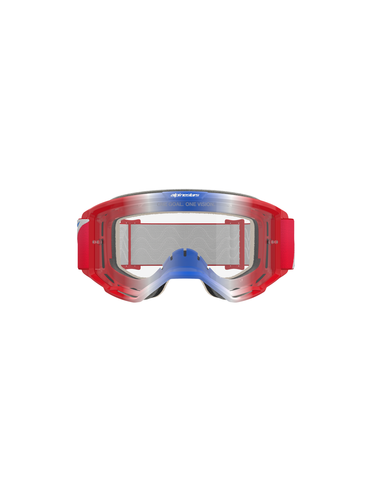 Masque Vision 5 Corp Alpinestars, masque de motocross, rouge, blanc et bleu avec écran clair, monture rouge avec dégradés bleus et blancs, sangle tissée rouge, arborant l'inscription 'ONE GOAL. ONE VISION.' sur l'écran, protection oculaire durable pour la course tout-terrain
