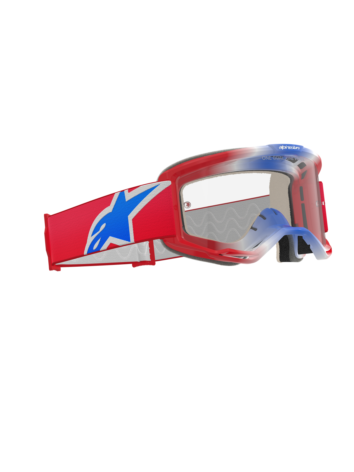 Alpinestars Vision 5 Corp Goggles, masque de motocross, rouge, blanc et bleu avec écran clair, doté d'un large bandeau tissé rouge avec un grand logo étoile Alpinestars bleu, monture A-FLEX rouge légère et protection oculaire haute performance pour la course tout-terrain