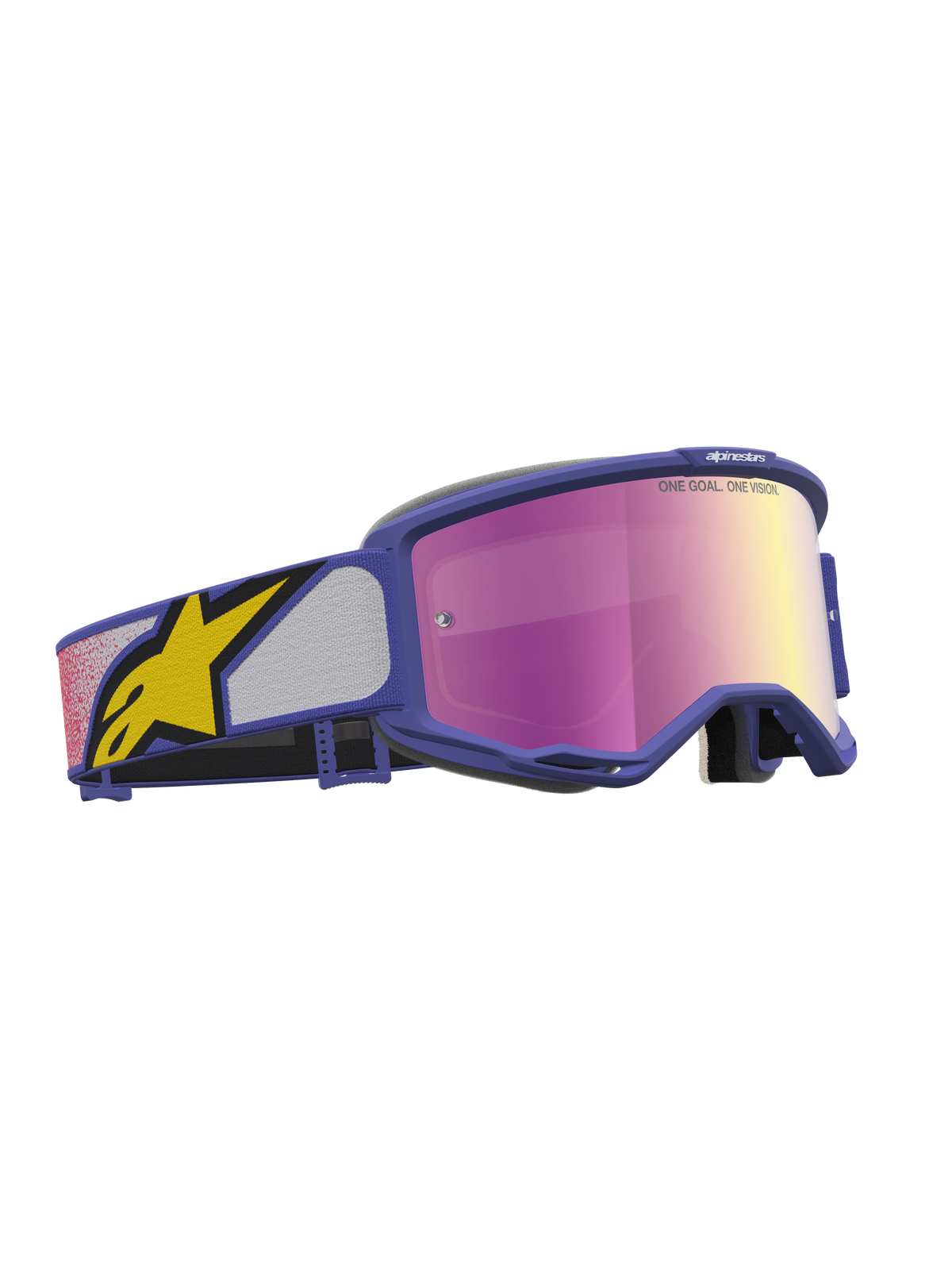 Masque Alpinestars Vision 5 Drag, masque de motocross tout-terrain avec cadre violet et lentille miroir rose, structure A-FLEX et ventilation RAM-AIR pour la performance.