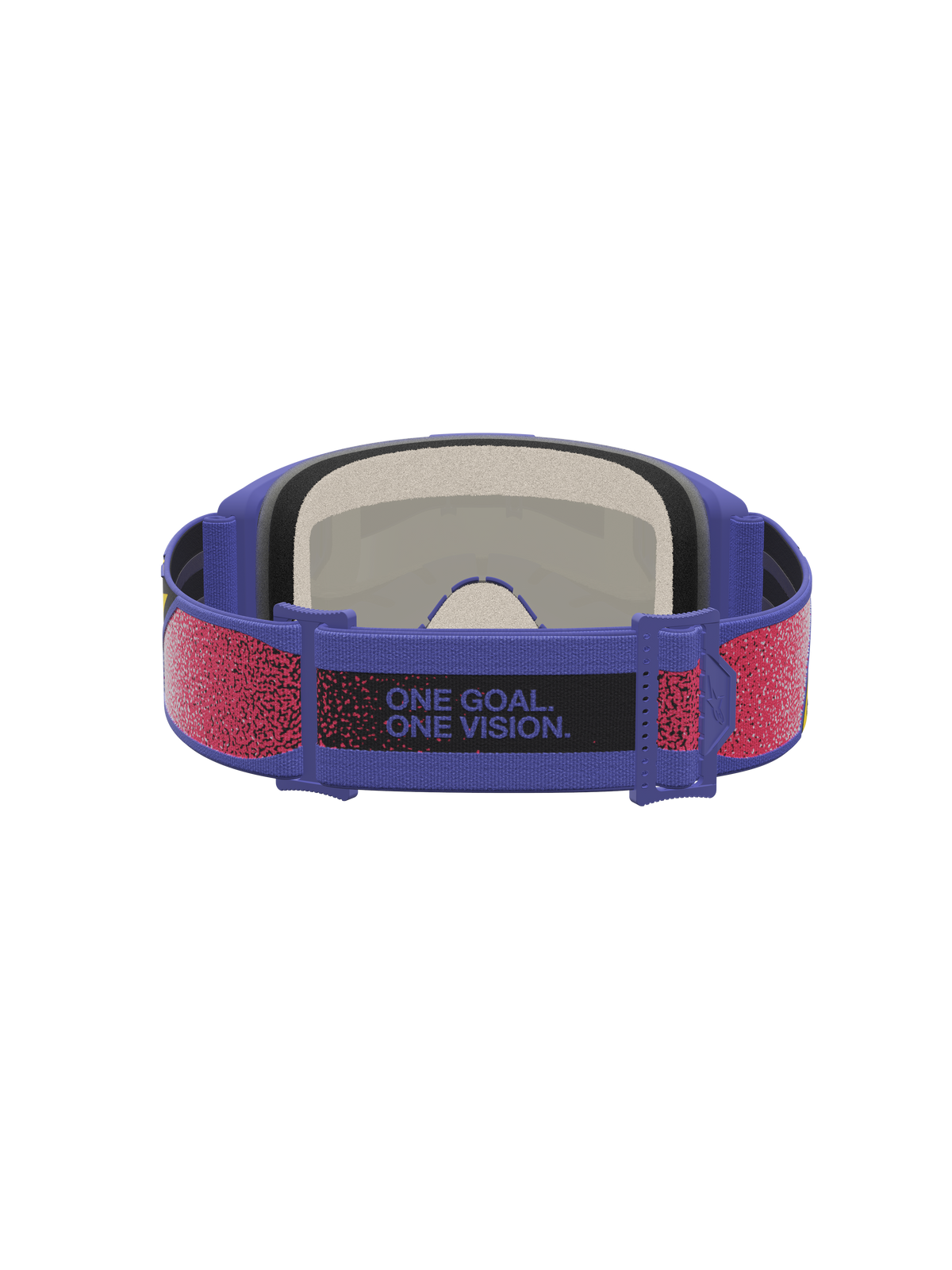 Masque Alpinestars Vision 5 Drag, masque de motocross violet et rouge, vue arrière avec slogan sur la sangle réglable.
