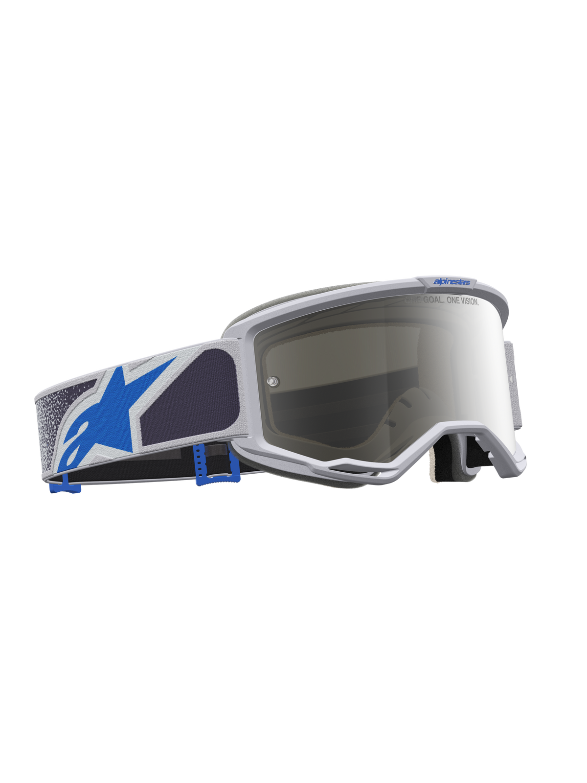 Alpinestars Masque Vision 5 Drag, masque de motocross lilas et bleu avec lentille miroir argentée et cadre A-FLEX flexible.