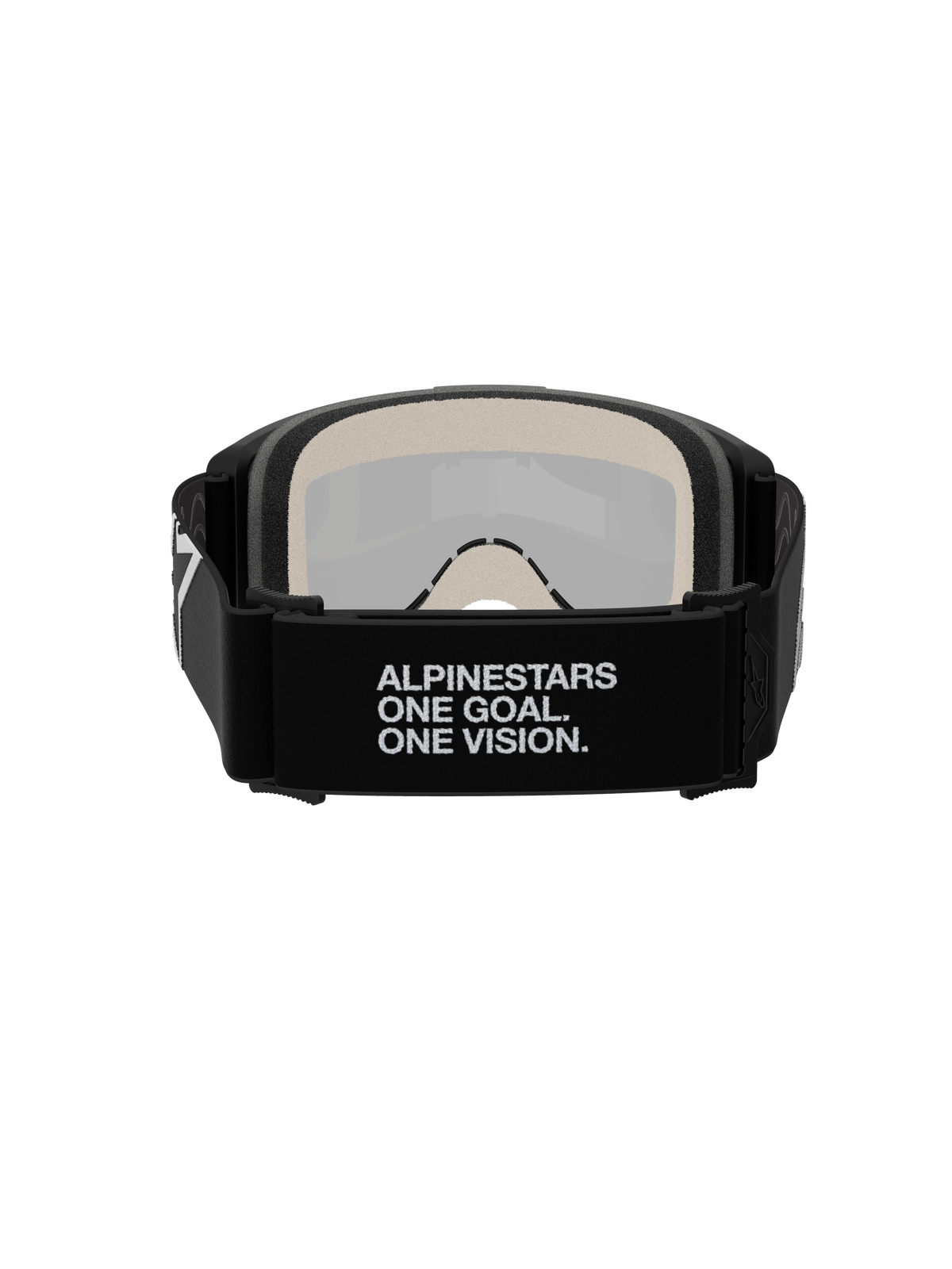 Masque Alpinestars Vision 5 Corp, masque de motocross, vue arrière, doté d'une sangle tissée noire avec le slogan blanc « ALPINESTARS ONE GOAL. ONE VISION. », mousse faciale multicouche de 17 mm, écran miroir argenté visible de l'intérieur, conçu pour un ajustement sûr et des performances tout-terrain