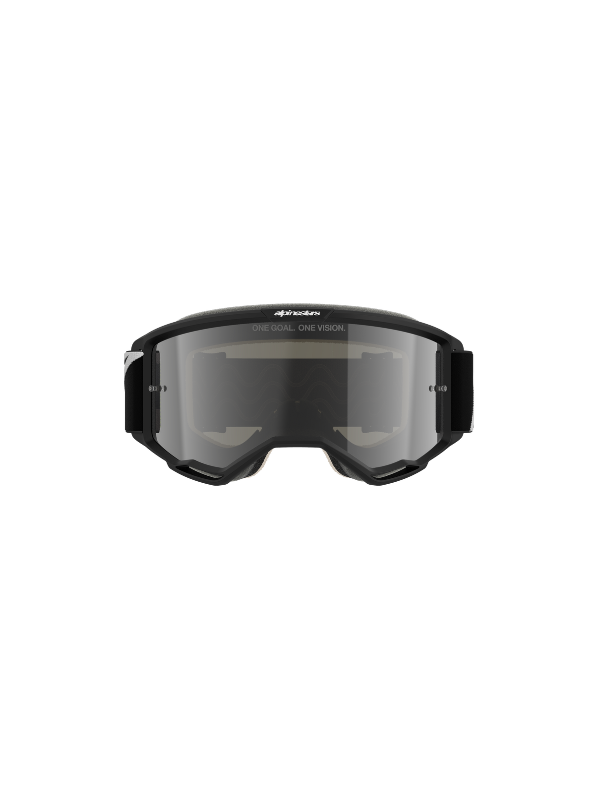Masque Alpinestars Vision 5 Corp, masque de motocross, noir avec écran argenté miroité, vue frontale montrant le texte « ONE GOAL. ONE VISION. » et le logo Alpinestars, design épuré pour le tout-terrain et le motocross