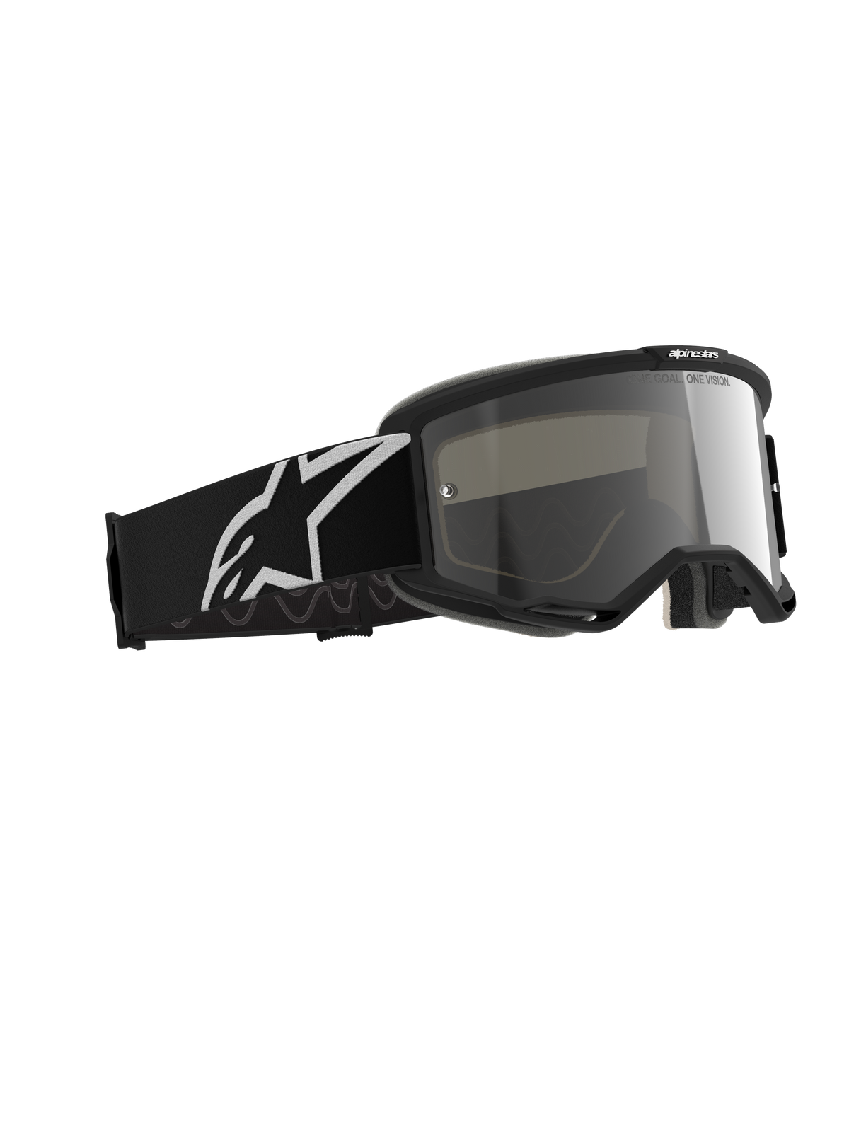 Masque Alpinestars Vision 5 Corp, masque de motocross, Noir Miroir Argent, monture noire avec un écran miroir argenté, large bandeau noir affichant un grand logo Alpinestars blanc, conçu pour la performance tout-terrain
