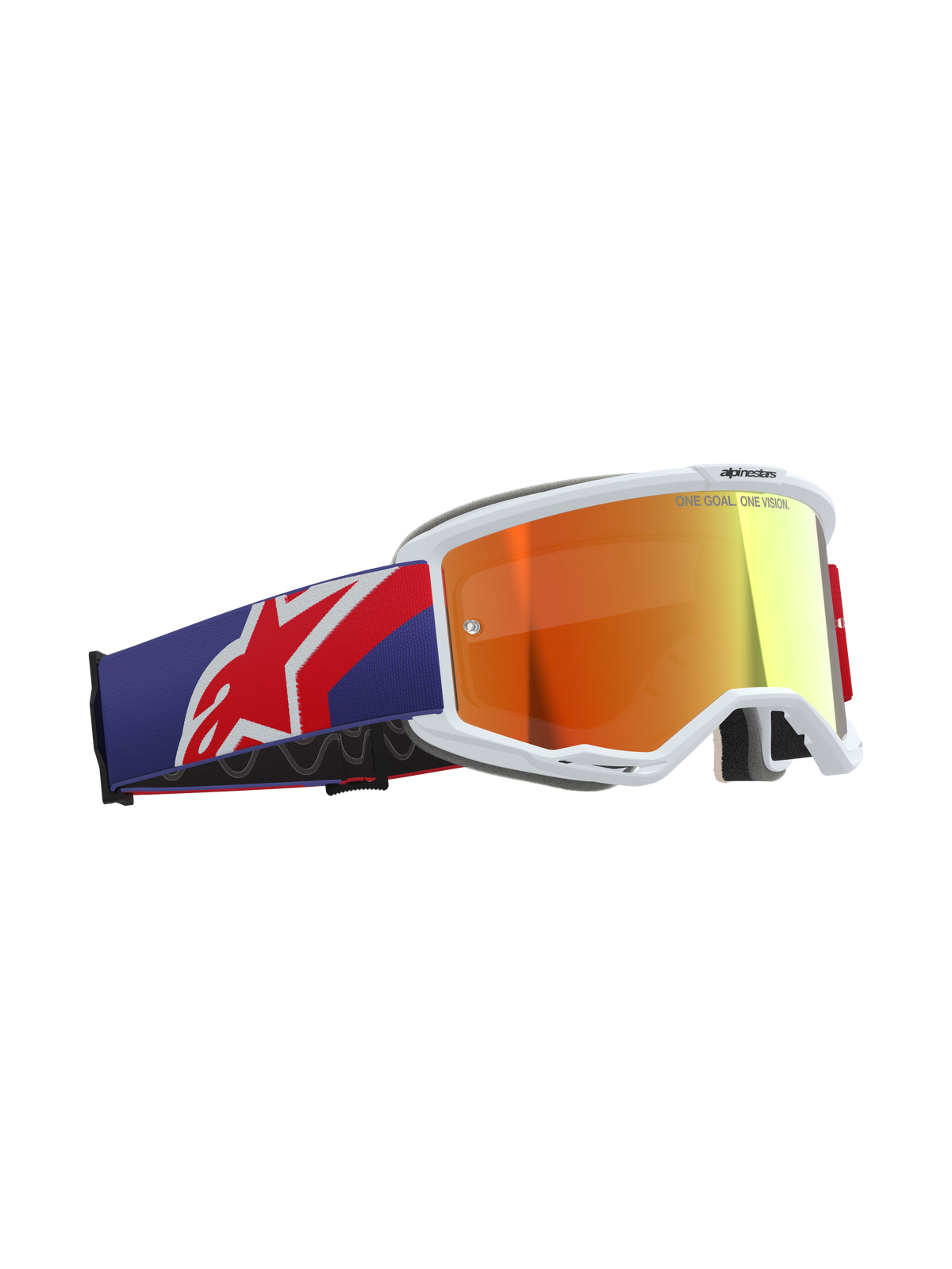 Alpinestars Vision 5 Corp Goggles, Motocross Goggles, Red and Purple colorway with Purple Mirror Red lens, white A-FLEX urethane frame, thick multi-stage face foam, wide adjustable strap with red and white Alpinestars logo, professional off-road racing eyewear.