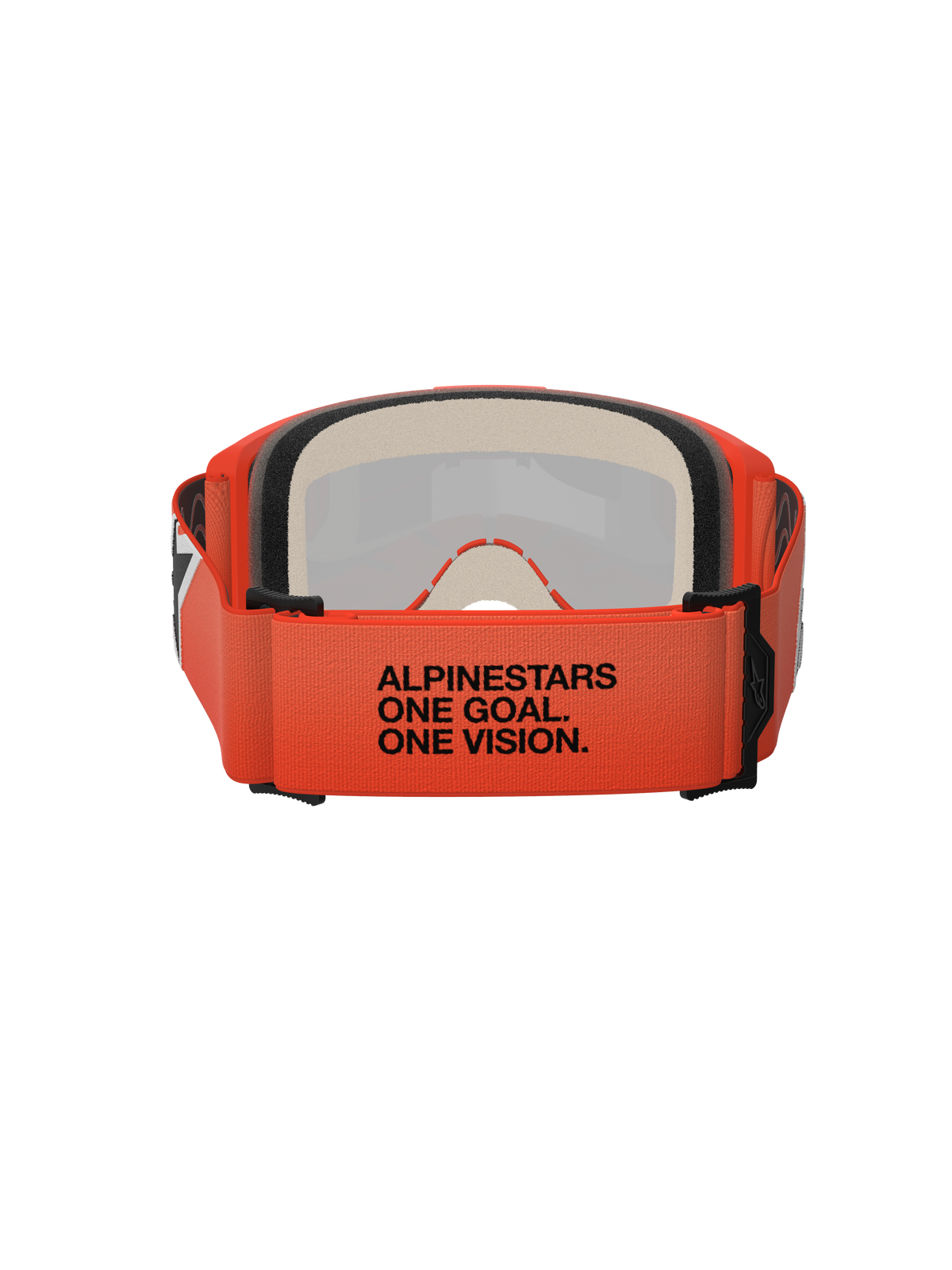 Masque Alpinestars Vision 5 Corp, vue arrière montrant la sangle tissée orange avec le texte noir « ALPINESTARS ONE GOAL. ONE VISION. », mousse faciale multicouche, monture orange, lunettes de motocross professionnelles