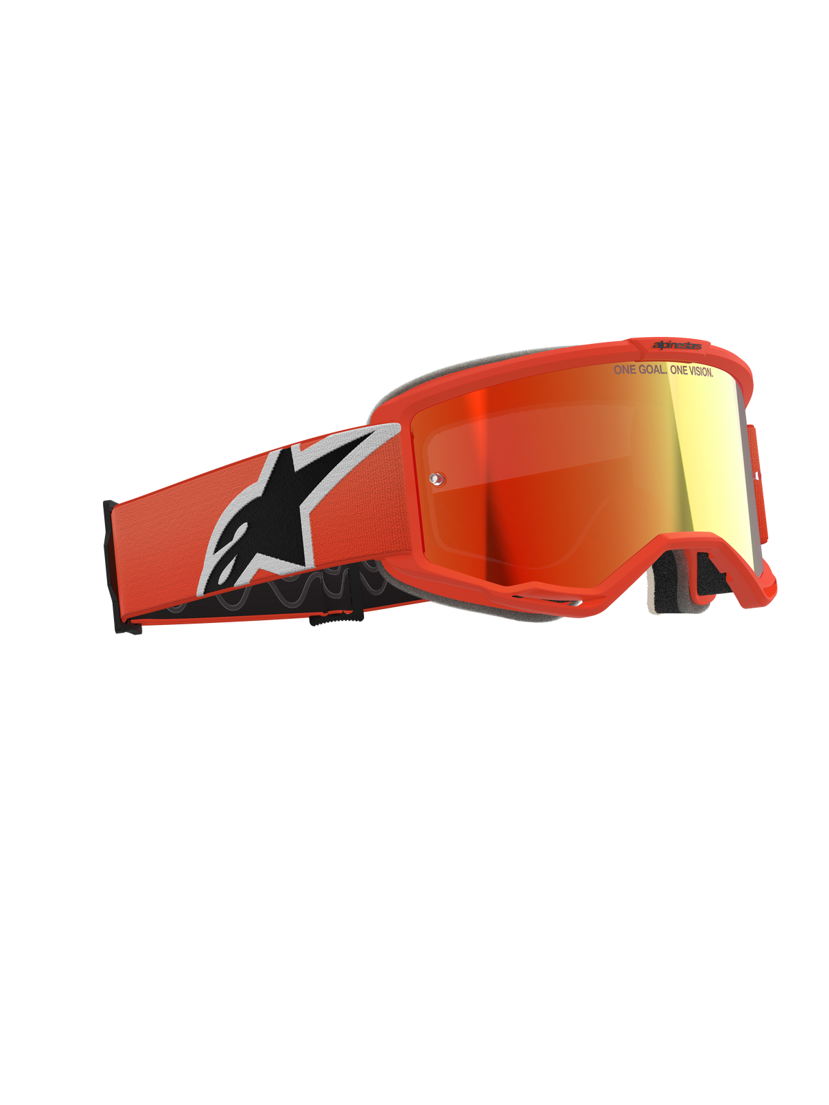 Masque Alpinestars Vision 5 Corp, masque de motocross, orange avec écran miroir rouge, monture et bandeau orange vif arborant un large logo Astars blanc et noir, écran miroir rouge orangé avec marquage sur le dessus, protection oculaire professionnelle pour le tout-terrain