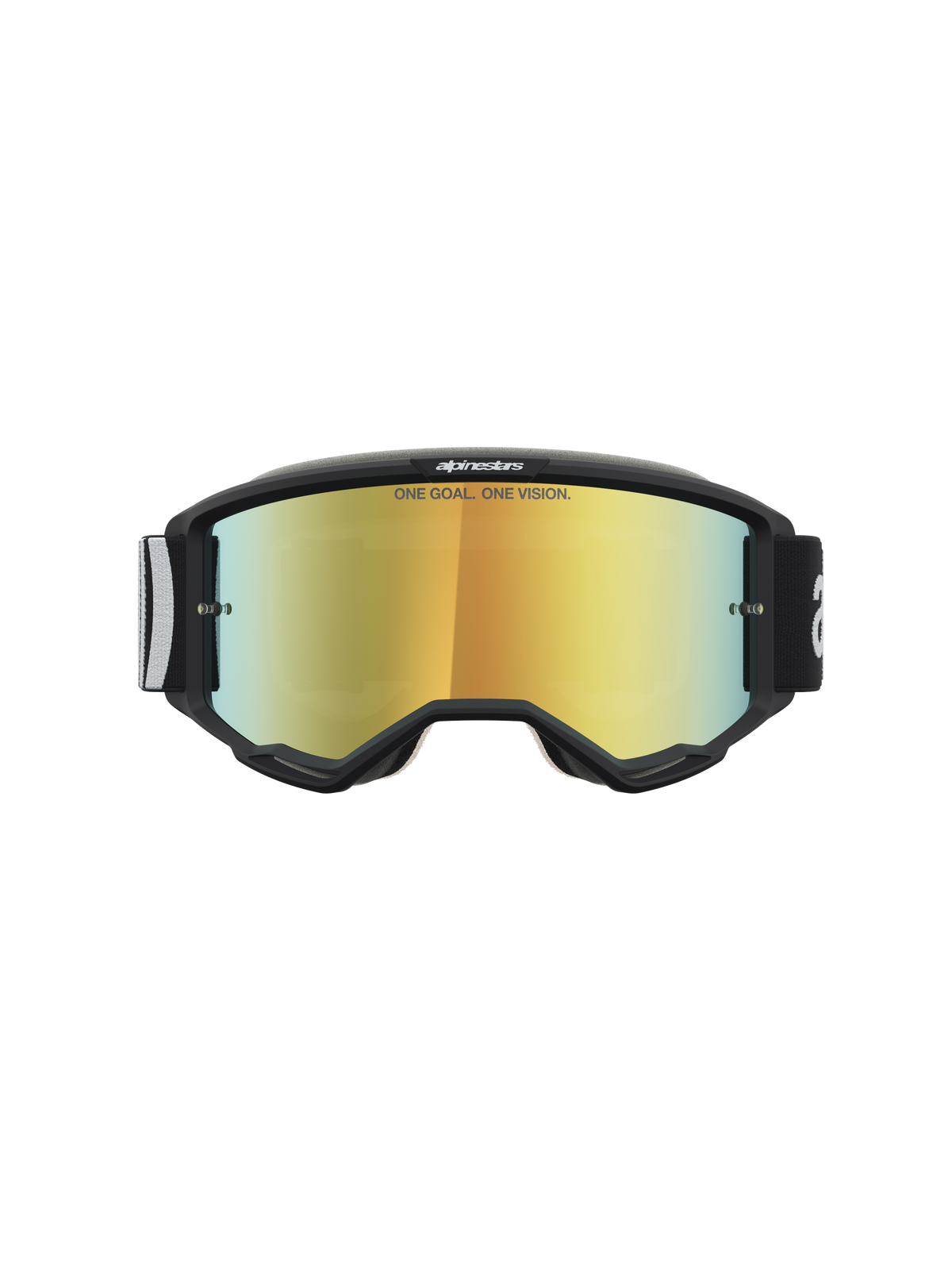 Alpinestars Masque Vision 5 Hone, masque de motocross noir avec lentille miroir dorée et système de ventilation RAM-AIR.
