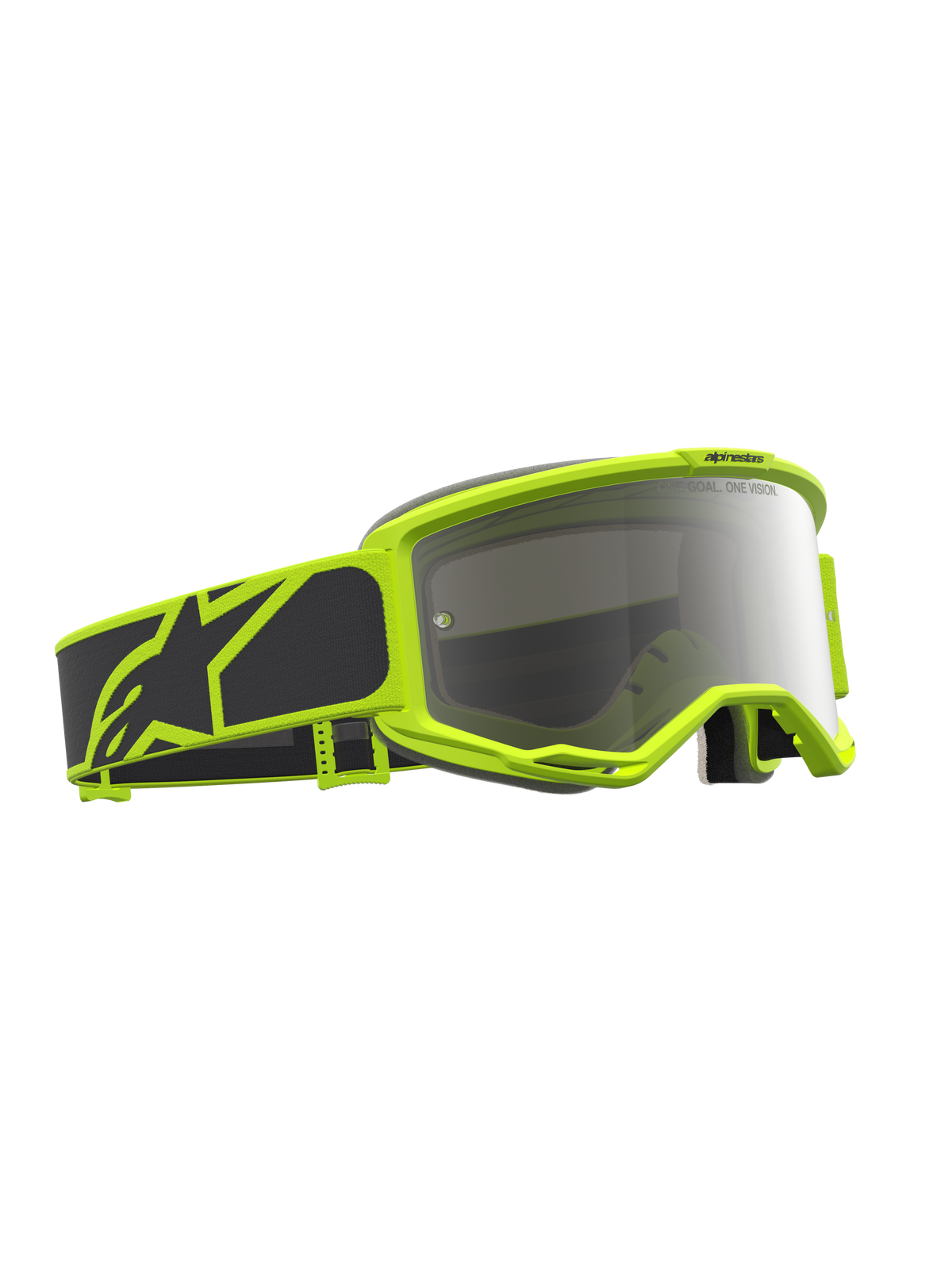 Alpinestars Masque Vision 5 Rora, masque de motocross tout-terrain, noir et jaune fluo, lentille miroir argentée, système de ventilation RAM-AIR intégré et cadre A-FLEX flexible.