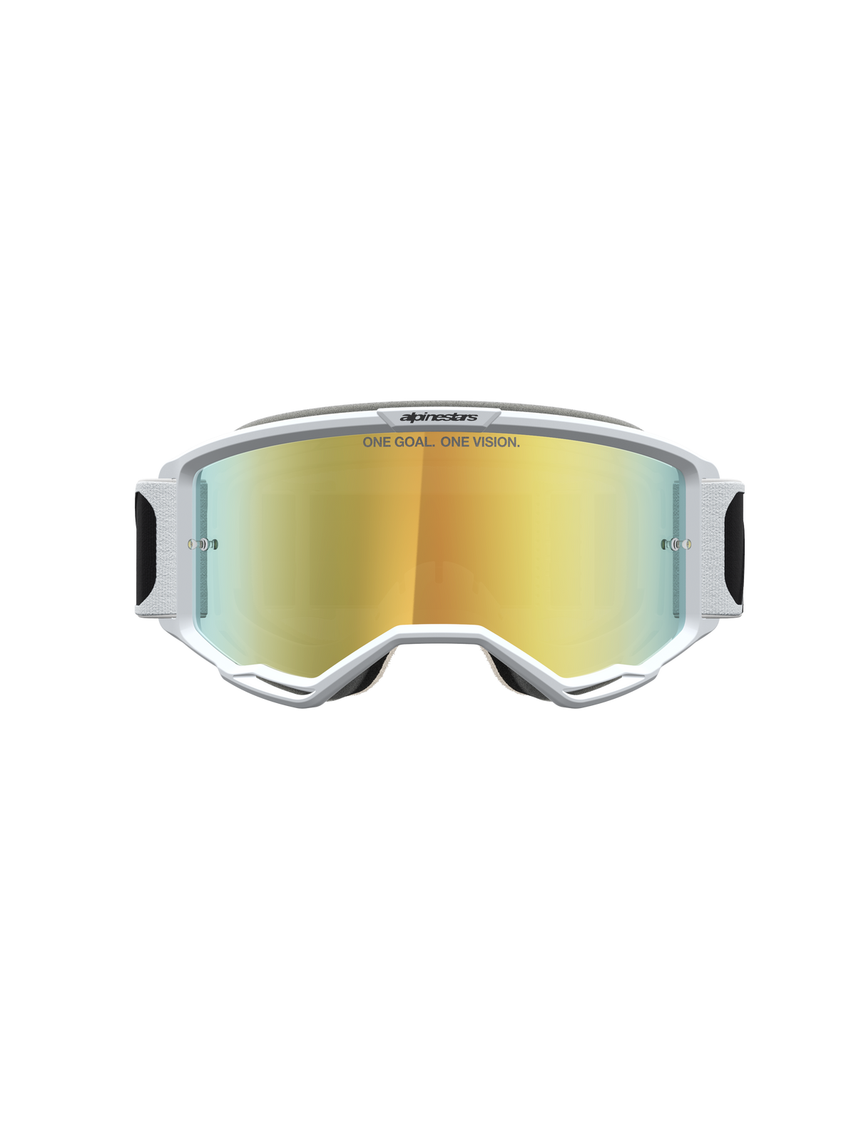 Alpinestars Masque Vision 5 Rora, masque de motocross avec monture blanche A-FLEX, écran miroir doré et ventilation RAM-AIR, performance tout-terrain