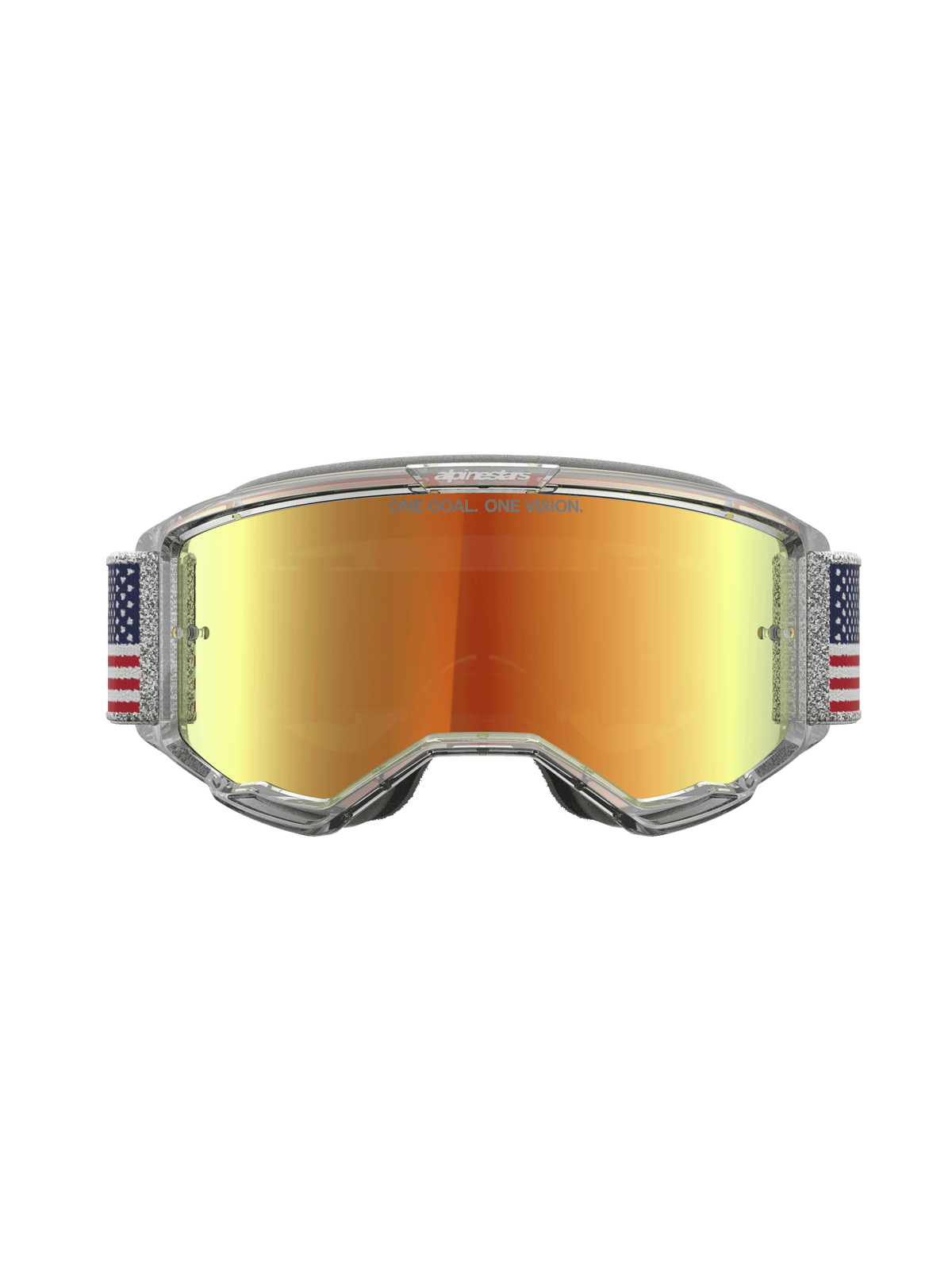 Alpinestars Limited Edition Vision 5 Fiftyfold Motocross Goggles, Red Mirror lens, Blue and White flag strap, clear A-FLEX frame.