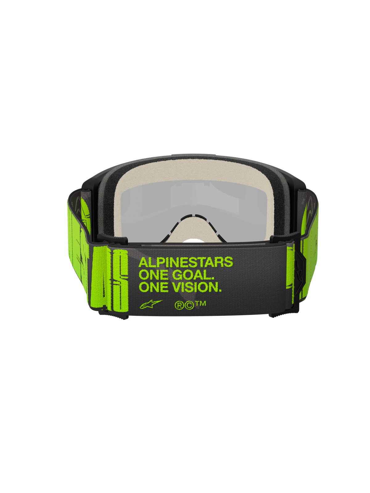 Alpinestars Vision 5 Hollow Goggles, Motocross Goggles, Charcoal and Yellow Fluo, rear view showing wide woven strap with 'ALPINESTARS ONE GOAL. ONE VISION.' branding, multi-layer face foam, designed for off-road racing