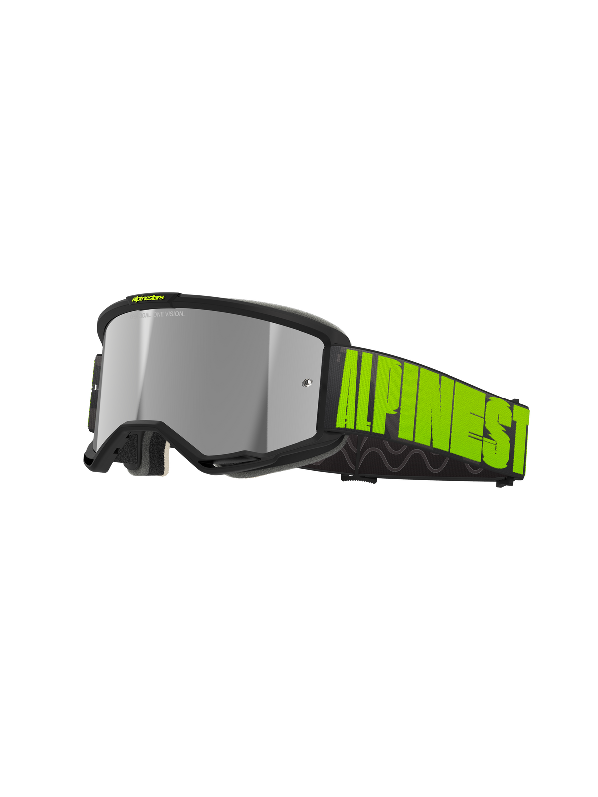 Alpinestars Vision 5 Hollow Goggles, Motocross Off-Road Goggles, Charcoal and Yellow Fluo, reflective silver mirror lens with black frame, wide black strap with bold neon yellow branding and internal silicone grip, ventilation ports and plush face foam