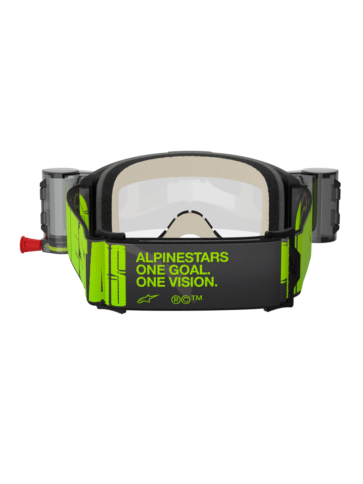 Masque Alpinestars Vision 5 Hollow Roll Off, masque de motocross, anthracite et jaune fluo, vue arrière de la large sangle tissée présentant le slogan « ALPINESTARS ONE GOAL. ONE VISION. » en jaune fluo, mousse faciale multicouche épaisse, boîtiers du système roll-off