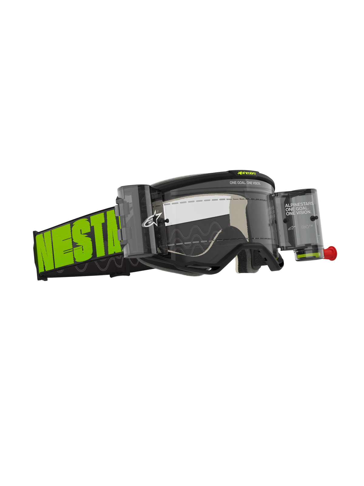 Masque Alpinestars Vision 5 Hollow Roll-Off, masque de motocross, gris anthracite et jaune fluo, écran clair avec boîtiers roll-off intégrés, large sangle tissée avec marquage vert néon, monture A-FLEX et mousse faciale multicouche pour des performances tout-terrain.