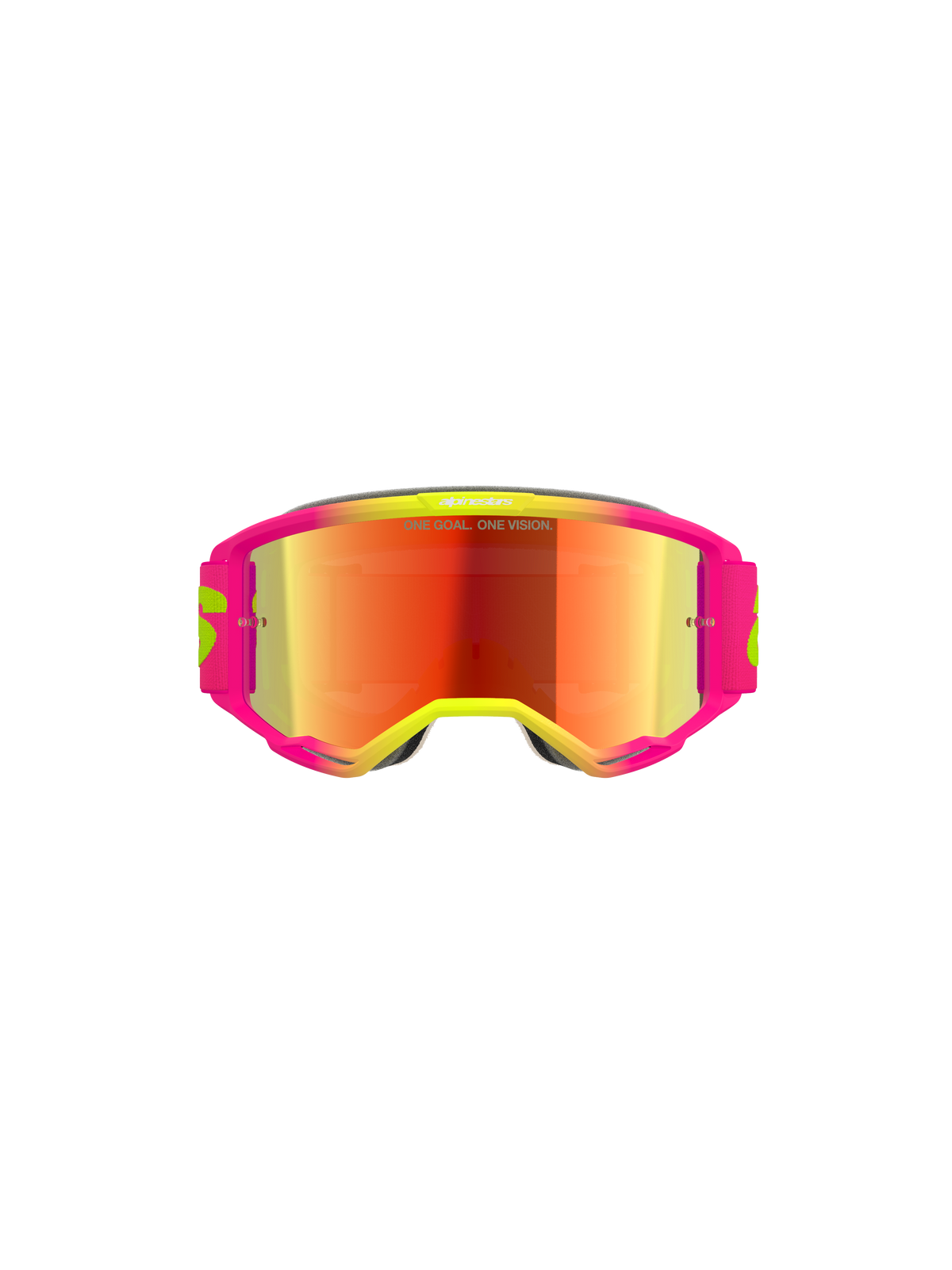 Masque Alpinestars Vision 5 Wordmark, masque de motocross, monture rose et jaune fluo avec écran miroir rouge, arborant un marquage audacieux et le texte « One Goal. One Vision. » sur l'écran, protection oculaire tout-terrain haute performance
