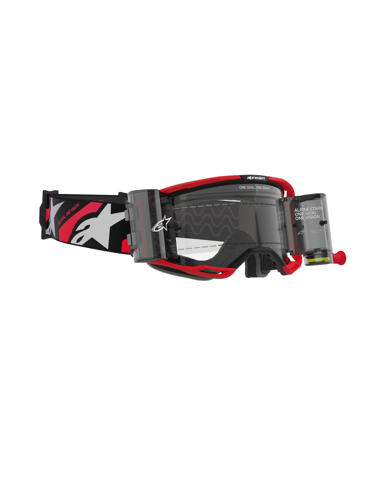 Masque Alpinestars Vision 8 Luar Roll Off, masque de motocross, monture rouge et noire avec écran clair, avec système roll-off intégré et large sangle noire avec logos blancs et accents rouges