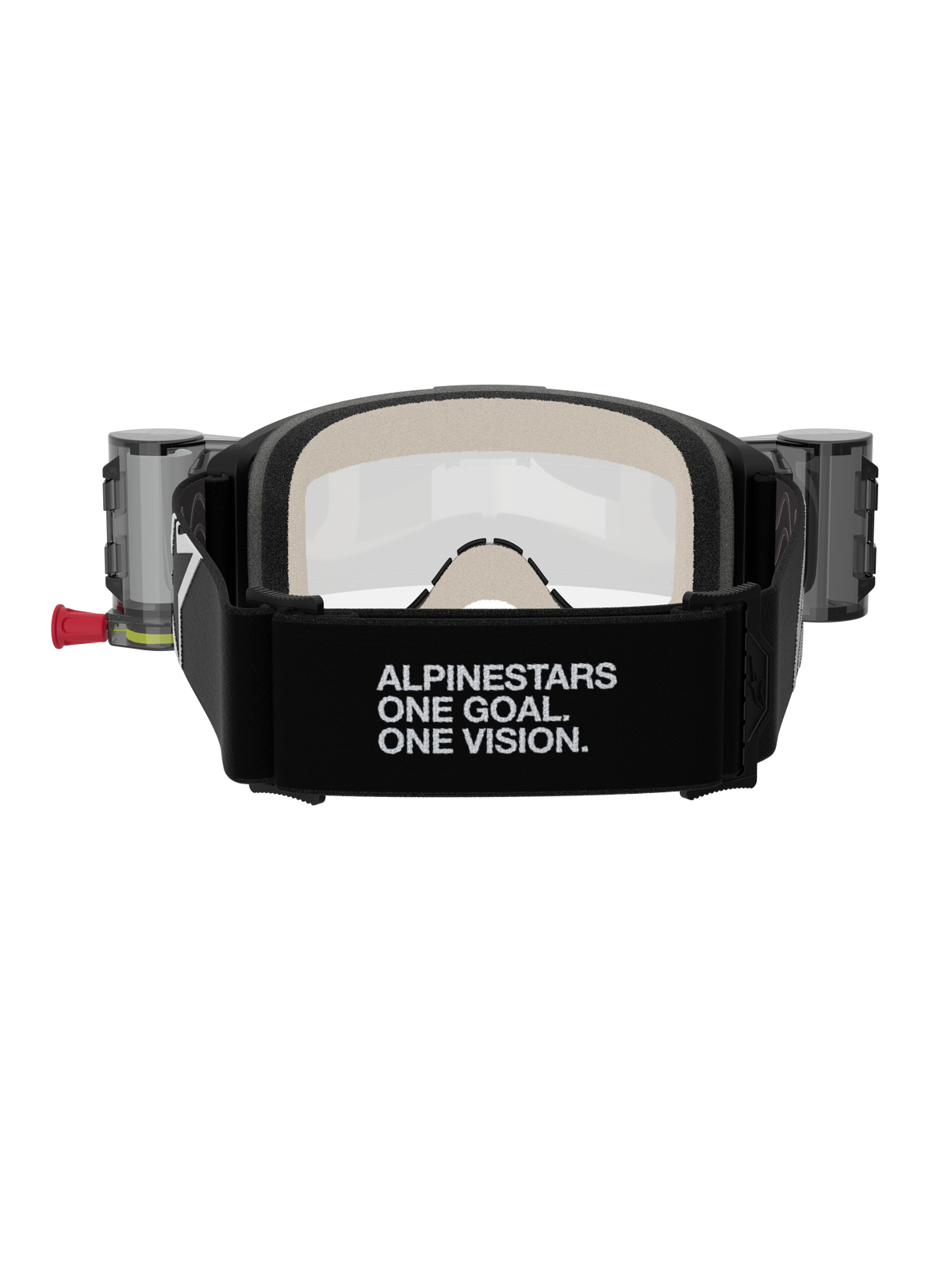 Alpinestars Vision 5 Corp Goggles Roll Off, masque de motocross, noir et transparent, vue arrière présentant un large bandeau noir avec le marquage « ALPINESTARS ONE GOAL. ONE VISION. », boîtiers du système roll-off et mousse faciale multicouche confortable