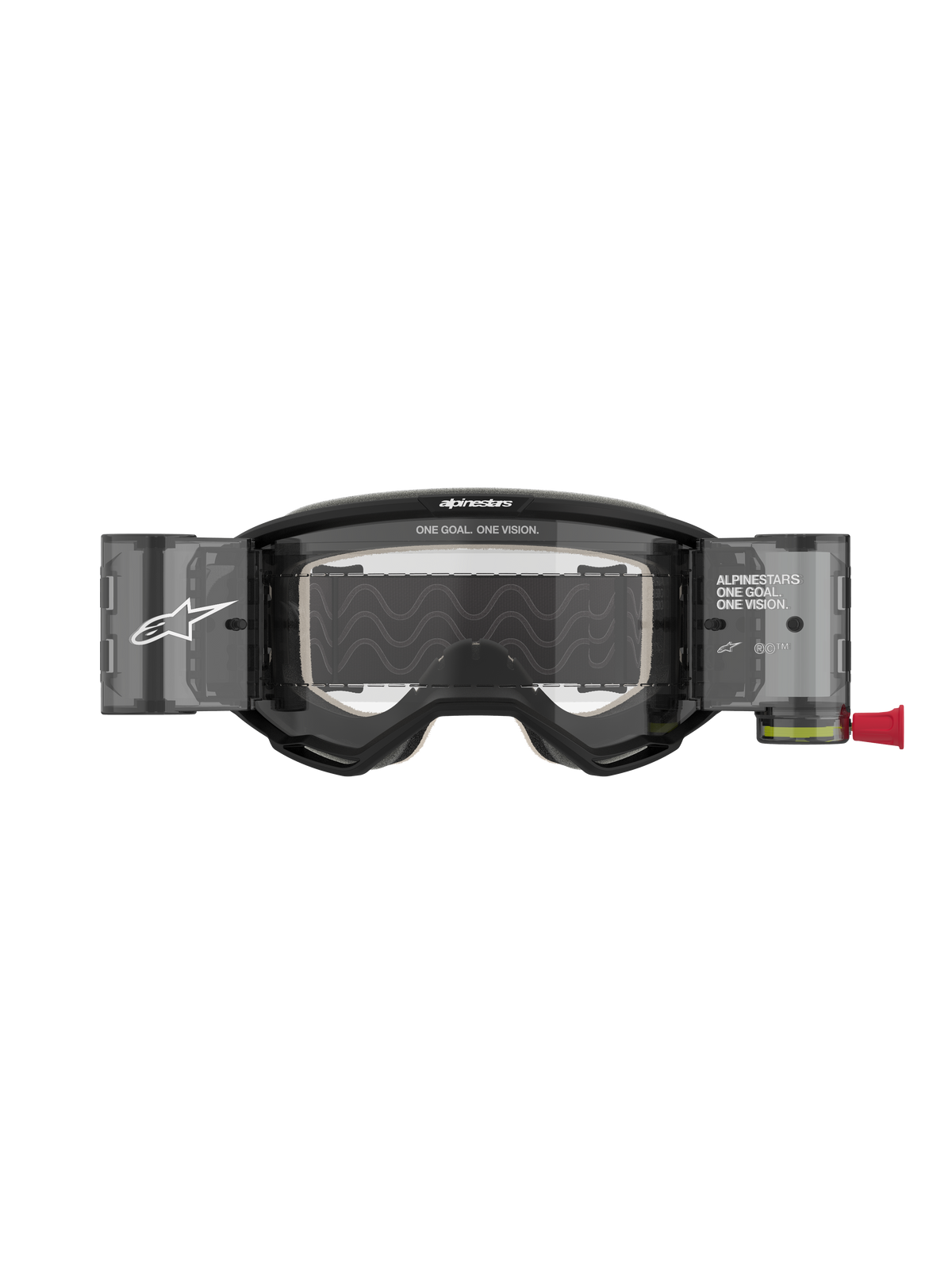 Alpinestars Vision 5 Corp Roll Off, lunettes de motocross, noir avec écran clair, dotées de boîtiers de système Roll-Off Wide Vision intégrés, écran en polycarbonate anti-buée, monture en uréthane A-FLEX et logo Alpinestars distinctif.