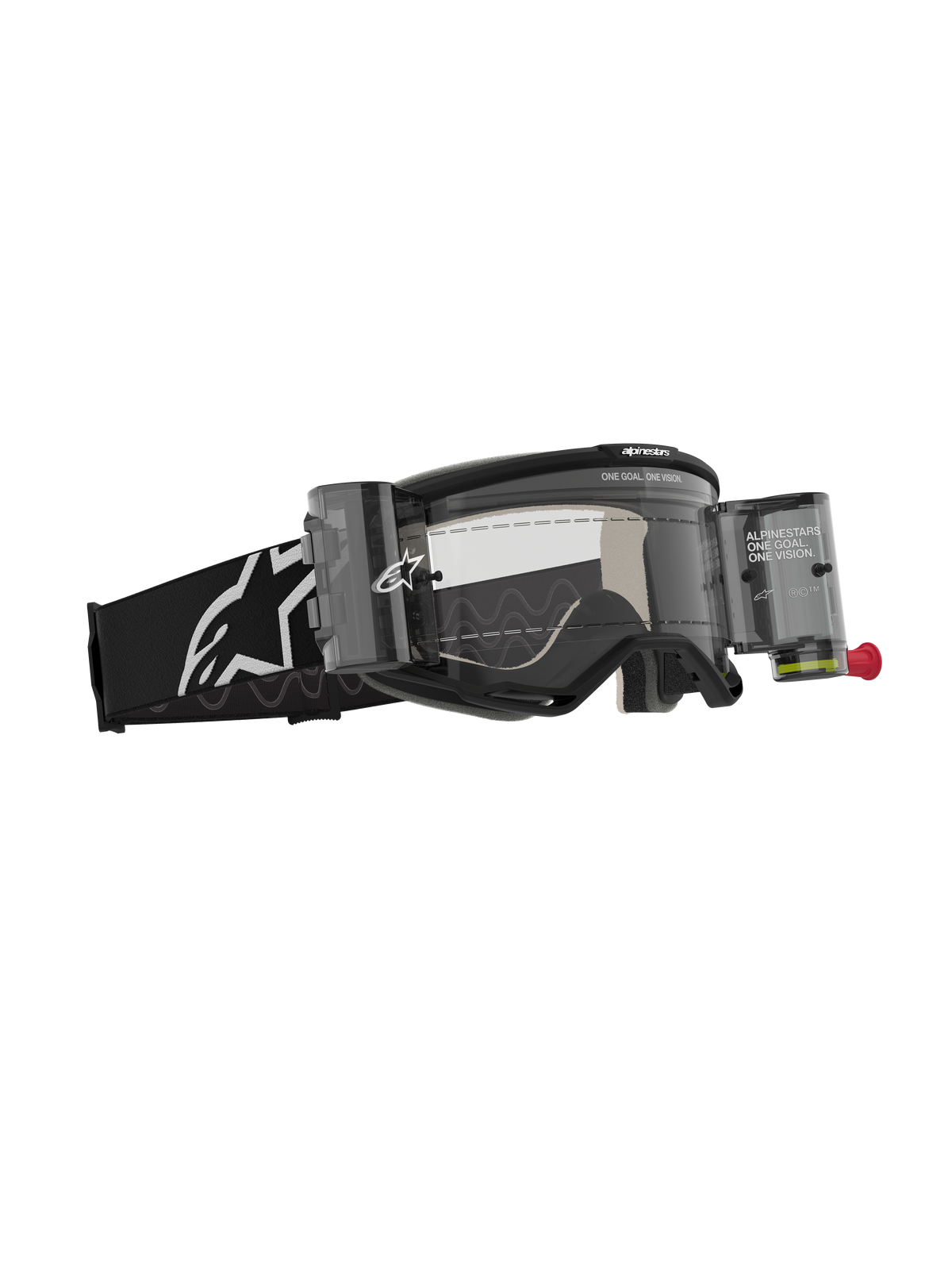 Masque Alpinestars Vision 5 Corp Roll-Off, lunettes de motocross, noir avec écran clair, doté du système Wide Vision Roll-Off avec boîtiers et film, bandeau tissé noir avec logo Alpinestars blanc, protection oculaire haute performance pour le tout-terrain.