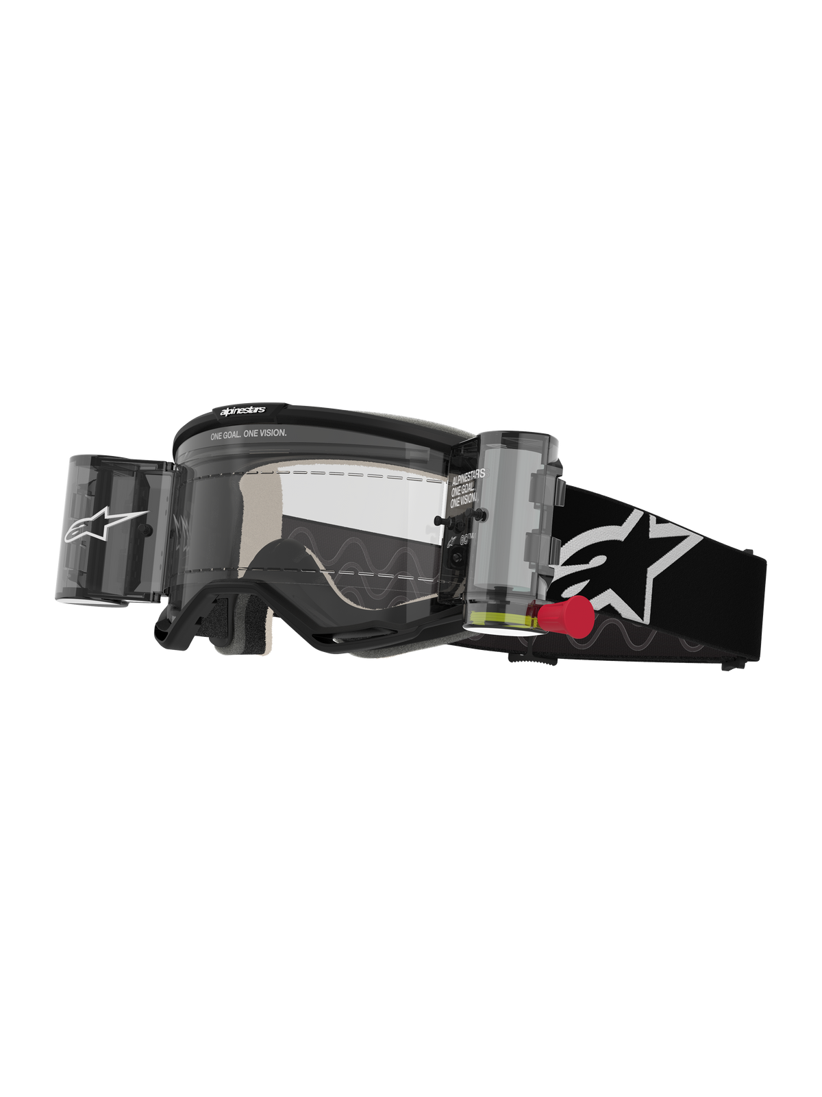 Alpinestars Vision 5 Corp Goggles Roll Off, masque de motocross, noir et blanc, écran transparent avec système roll-off Wide Vision intégré, languette rouge, sangle noire avec logo étoile blanc, marquage ONE GOAL ONE VISION
