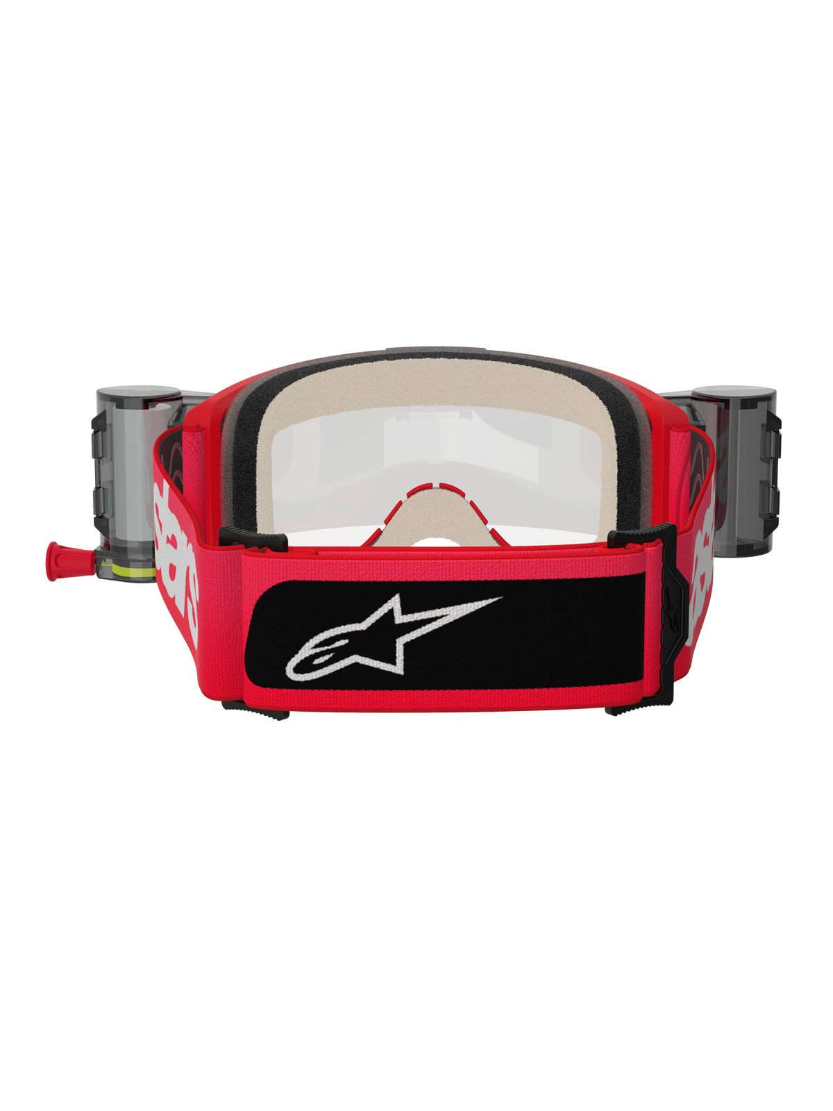 Alpinestars Vision 5 Blaze Goggles Roll Off, masque de motocross rouge et noir, vue arrière montrant la large sangle tissée avec marquage blanc et écusson logo noir, mousse faciale multicouche épaisse et boîtiers du système roll-off Wide Vision sur les côtés, équipement de protection