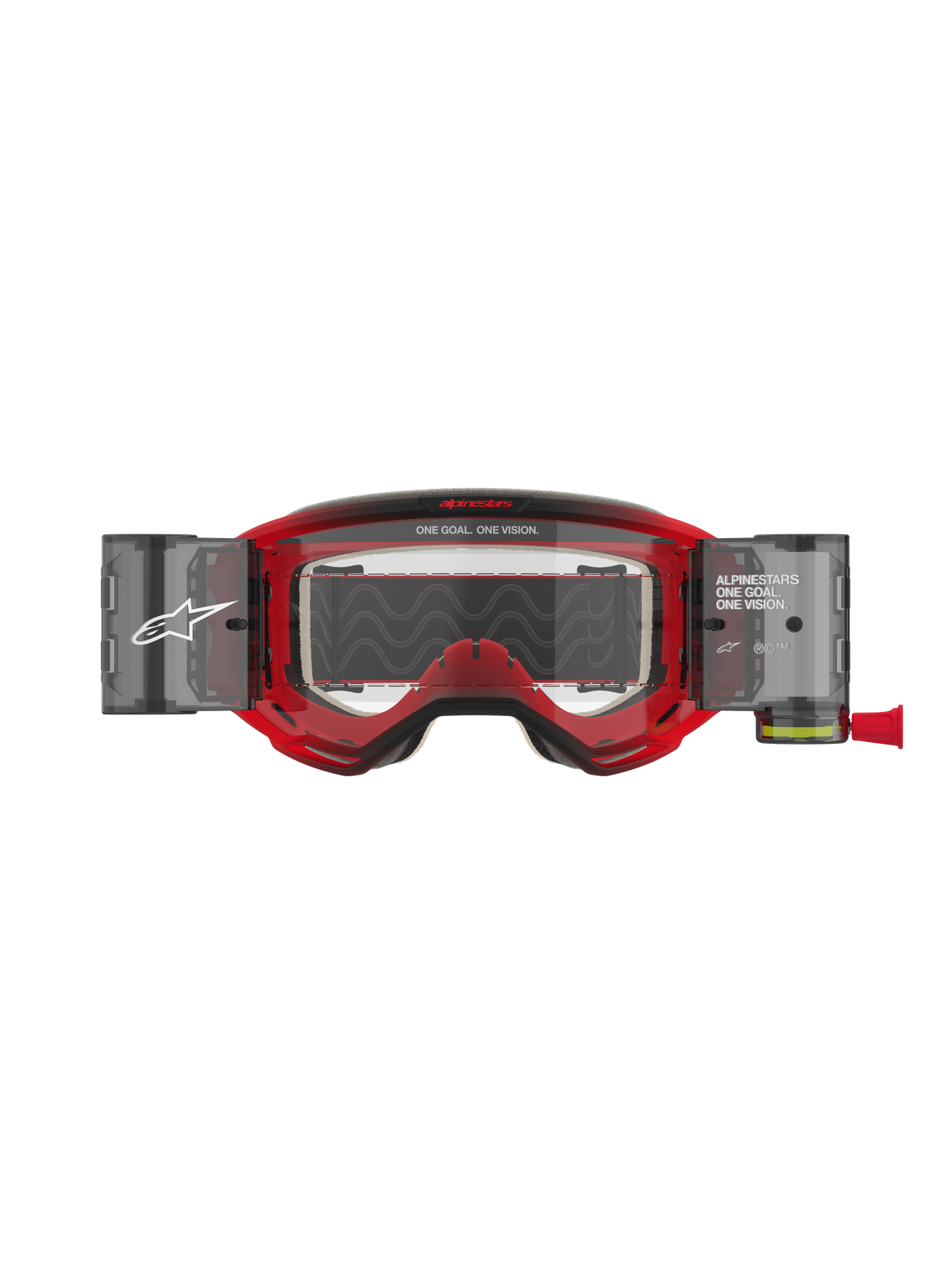 Masque Alpinestars Vision 5 Blaze Roll Off, masque de motocross, monture rouge avec écran clair, doté du système Wide Vision Roll-Off intégré avec boîtiers latéraux, marquage « ONE GOAL. ONE VISION. » sur la monture et l'écran, protection oculaire professionnelle pour le tout-terrain