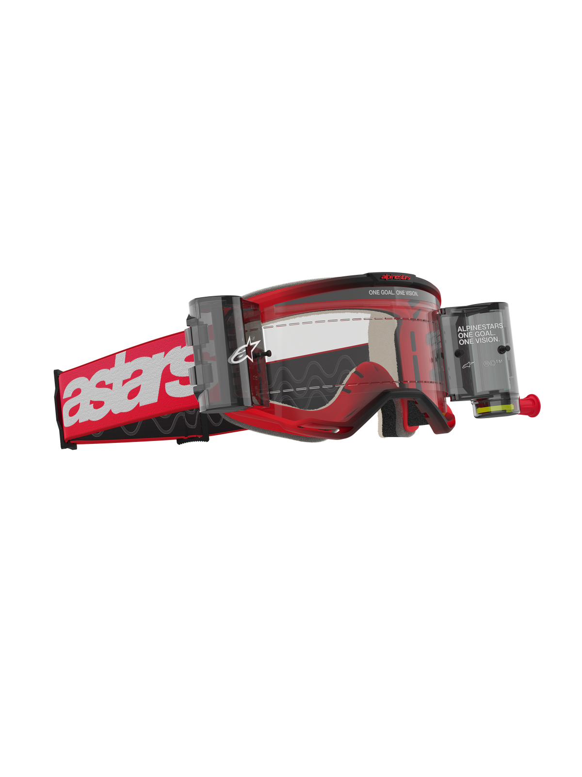 Masque Alpinestars Vision 5 Blaze Roll Off, masque de motocross, monture rouge avec logo astars blanc sur le bandeau, écran clair avec boîtiers du système Wide Vision Roll-Off intégrés, protection oculaire durable pour la conduite tout-terrain