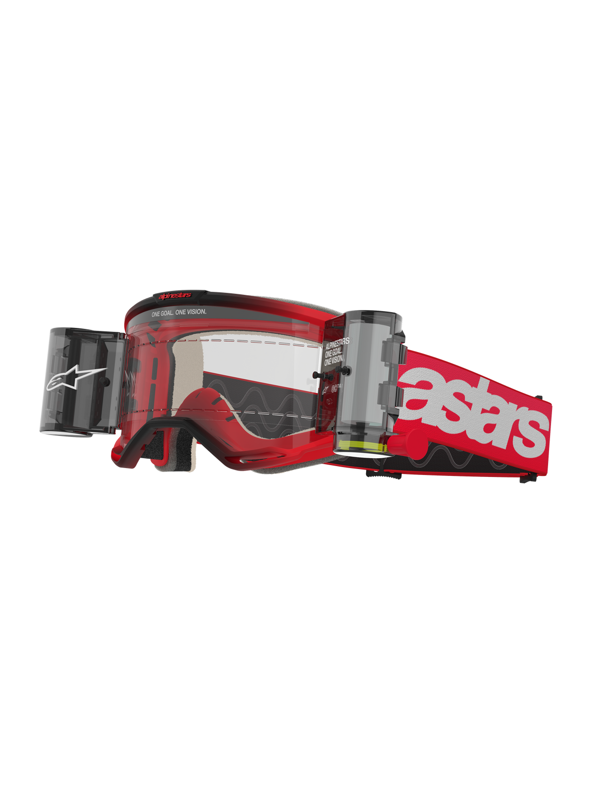 Alpinestars Vision 5 Blaze Goggles Roll Off, masque de motocross, rouge et blanc, écran transparent avec système de film roll-off Wide Vision intégré, boîtiers latéraux doubles, bandeau tissé rouge avec logo astars blanc, monture en uréthane durable avec rembourrage en mousse, lunettes de protection pour le tout-terrain