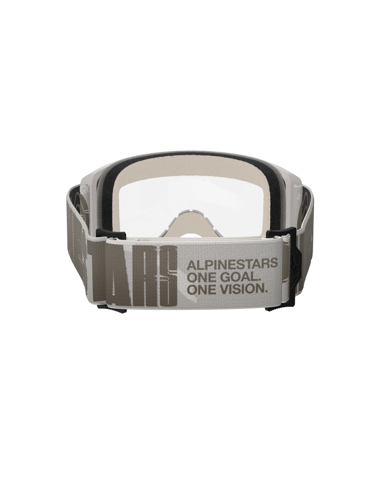 Alpinestars Vision 5 Hollow Goggles, Motocross Goggles, Wind Clear, rear view focusing on the wide light gray strap with Alpinestars branding and 'One Goal One Vision' slogan, white frame with clear lens and thick face foam visible